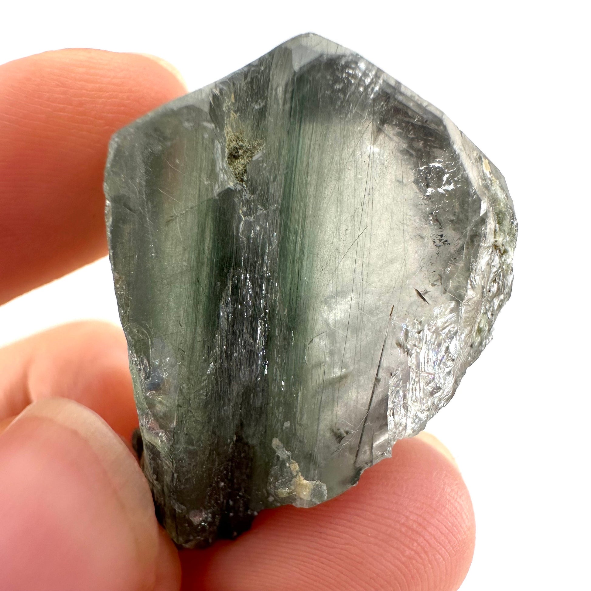 Fluorapatite with Actinolite Inclusions (Pakistan), natural green apatite, terminated apatite crystal, mineral specimen, rare gems