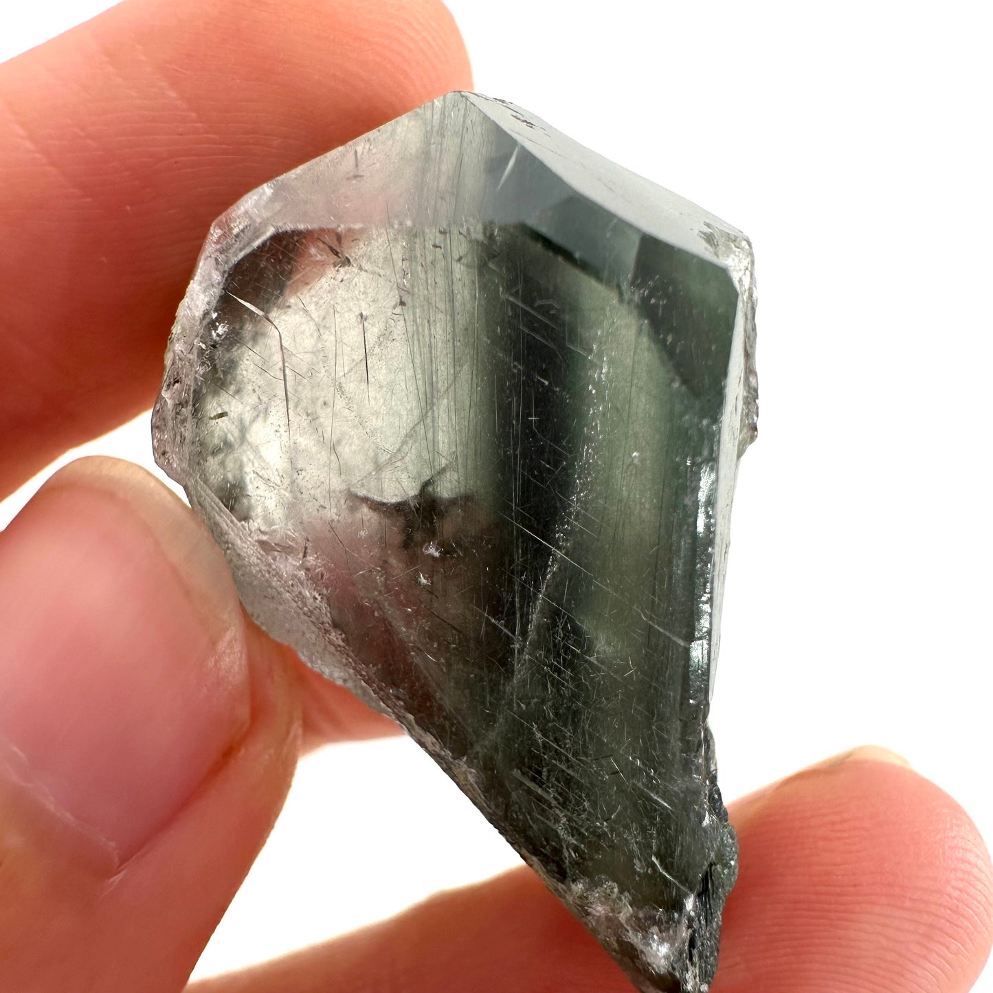 Fluorapatite with Actinolite Inclusions (Pakistan), natural green apatite, terminated apatite crystal, mineral specimen, rare gems