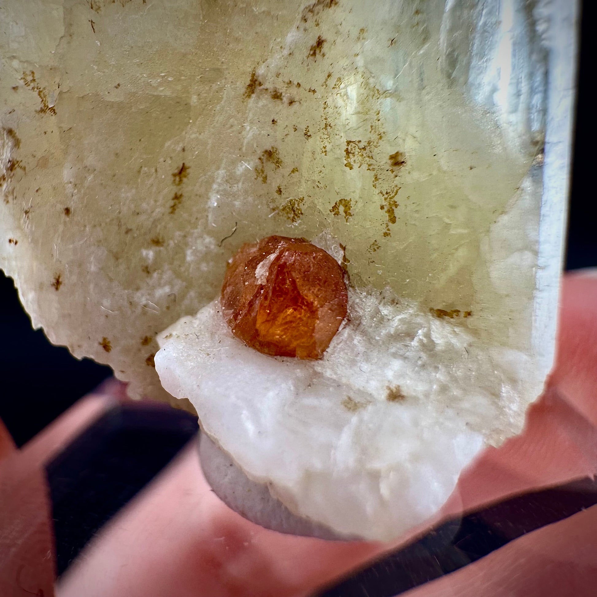 Rare! Spessartine Garnet on Kunzite (Pakistan) | orange garnet on kunzite, kunzite crystal, kunzite specimen, rare crystals, rare minerals