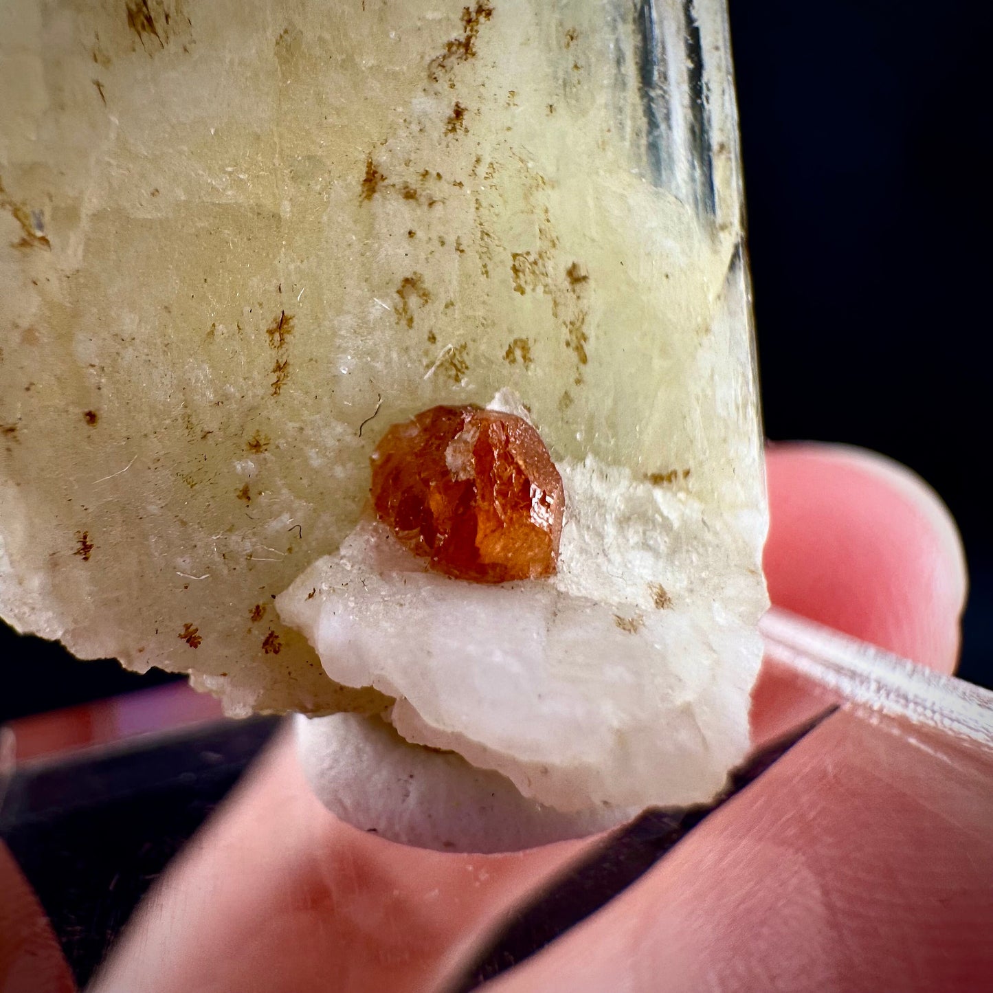 Rare! Spessartine Garnet on Kunzite (Pakistan) | orange garnet on kunzite, kunzite crystal, kunzite specimen, rare crystals, rare minerals