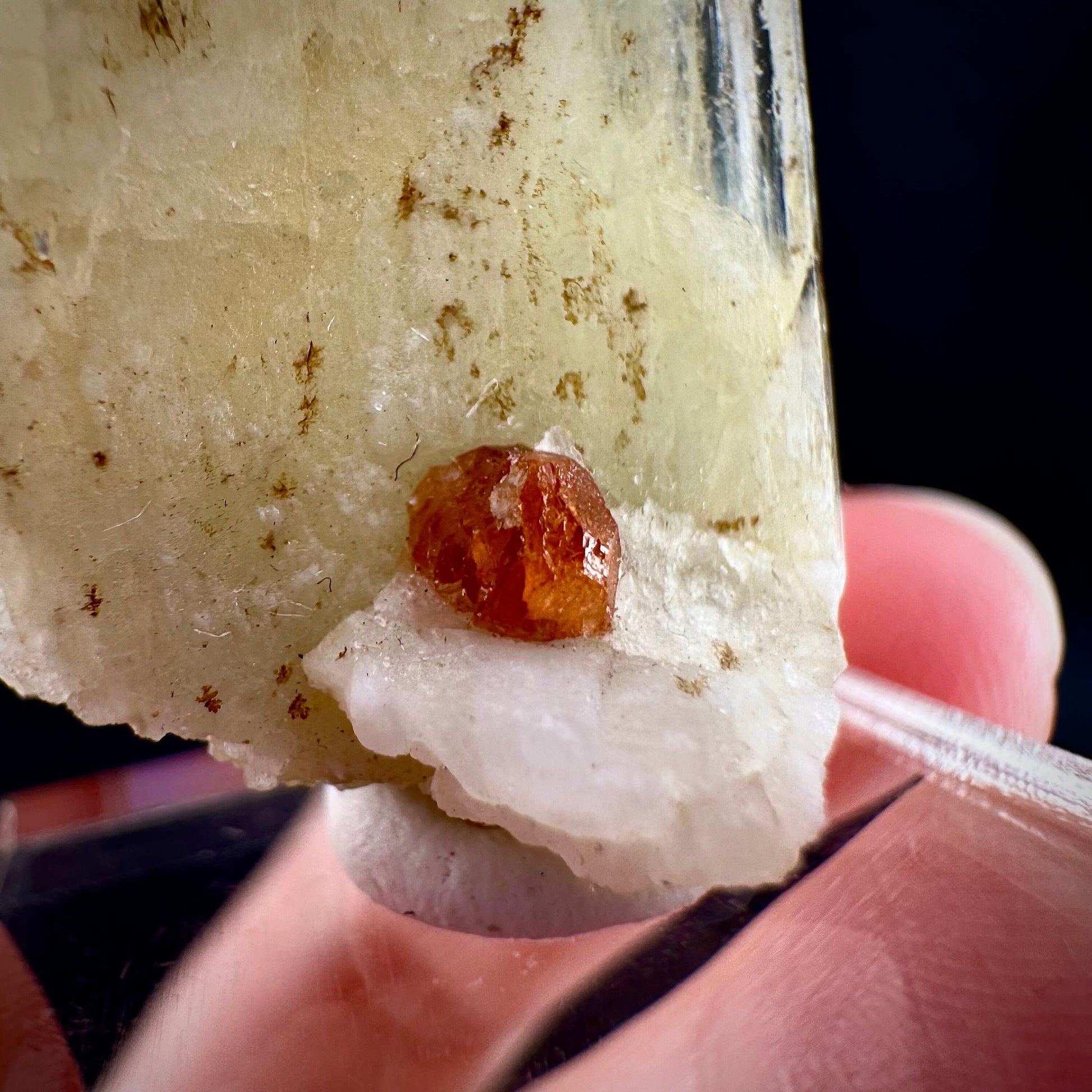 Rare! Spessartine Garnet on Kunzite (Pakistan) | orange garnet on kunzite, kunzite crystal, kunzite specimen, rare crystals, rare minerals