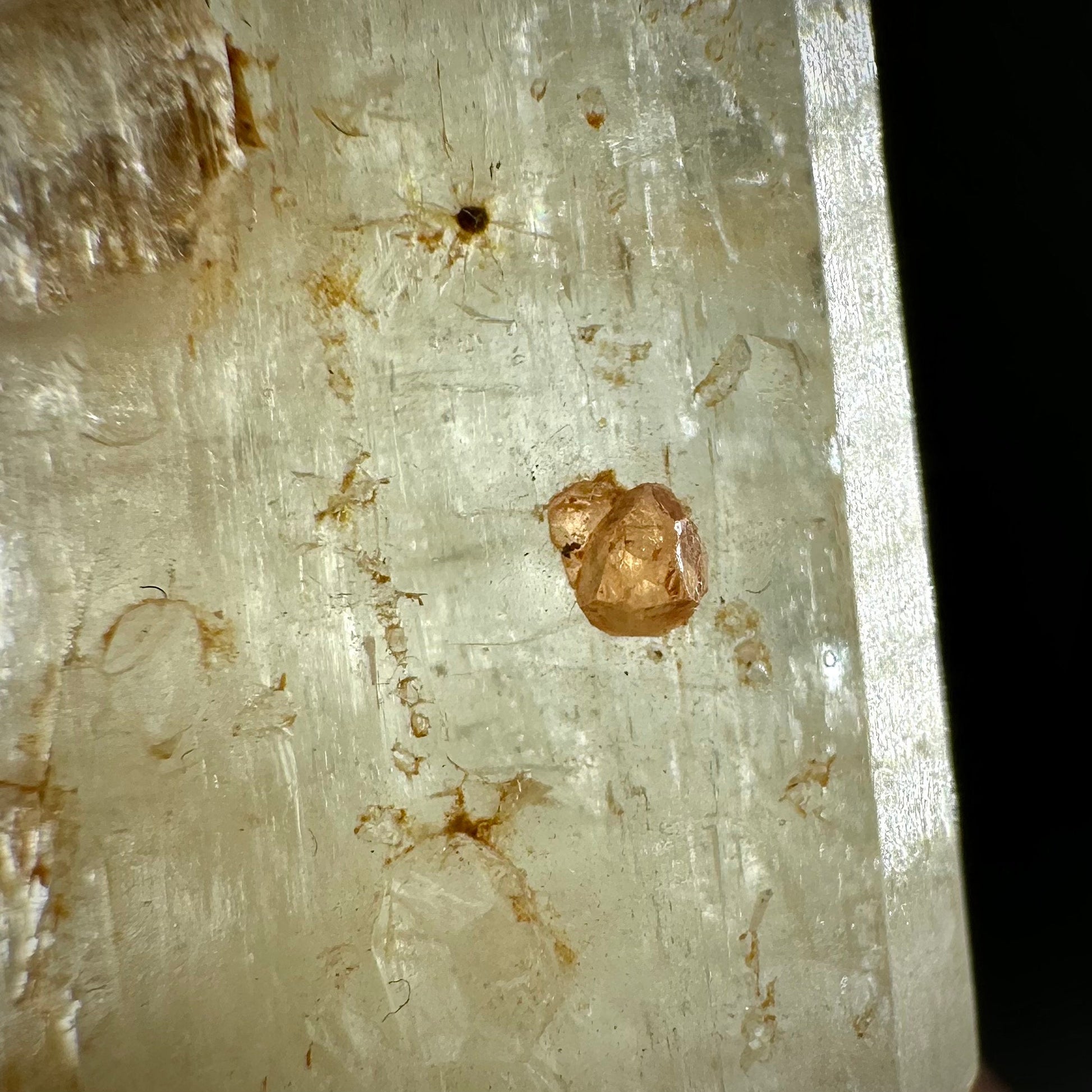 Rare! Spessartine Garnet on Kunzite (Pakistan) | orange garnet on kunzite, kunzite crystal, kunzite specimen, rare crystals, rare minerals