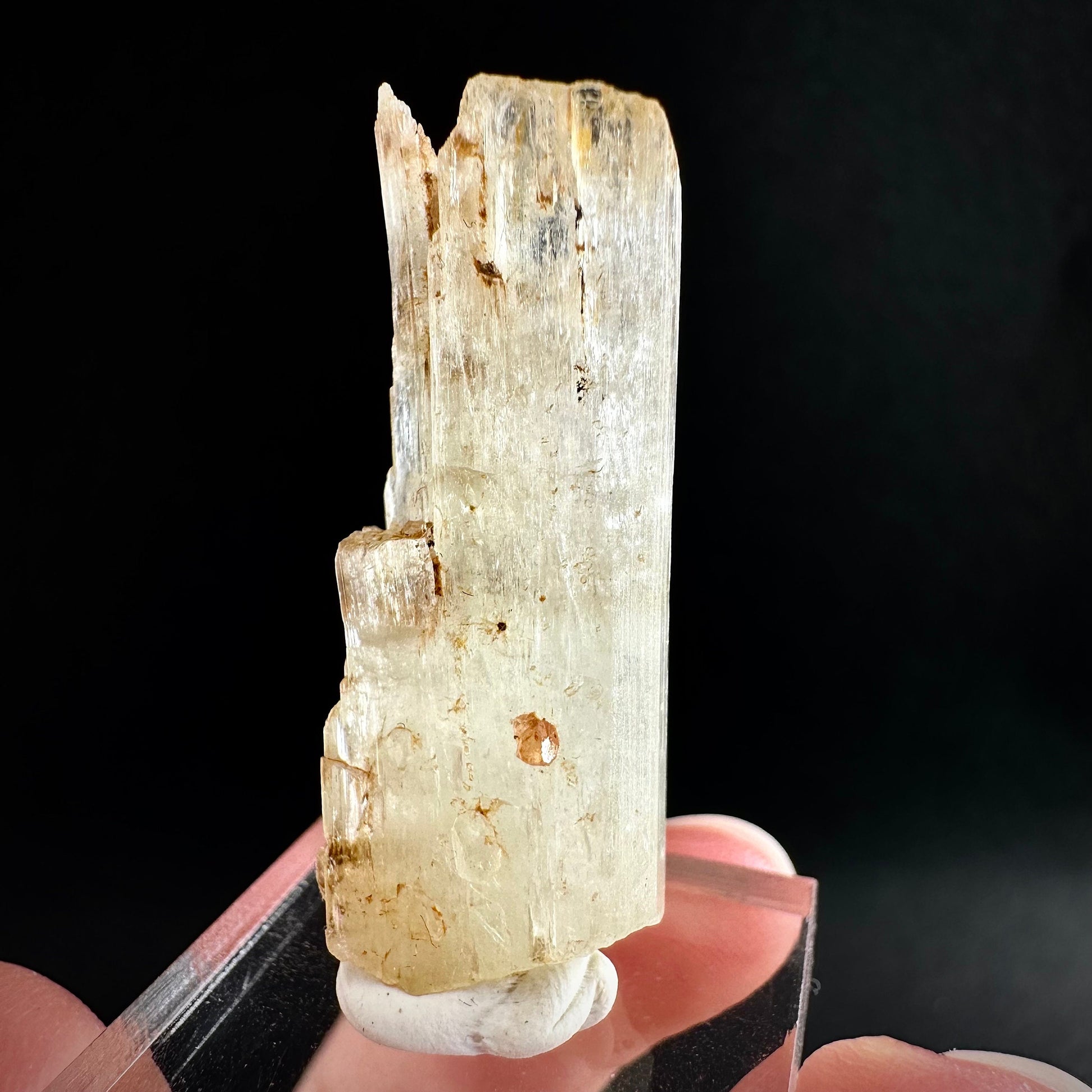 Rare! Spessartine Garnet on Kunzite (Pakistan) | orange garnet on kunzite, kunzite crystal, kunzite specimen, rare crystals, rare minerals