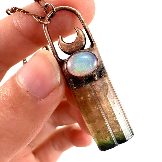 Watermelon Tourmaline & Opal necklace, tourmaline pendant, copper necklace, crystal necklace