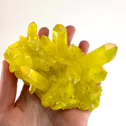 Lemon Aura Crystal Cluster, yellow aura quartz crystal