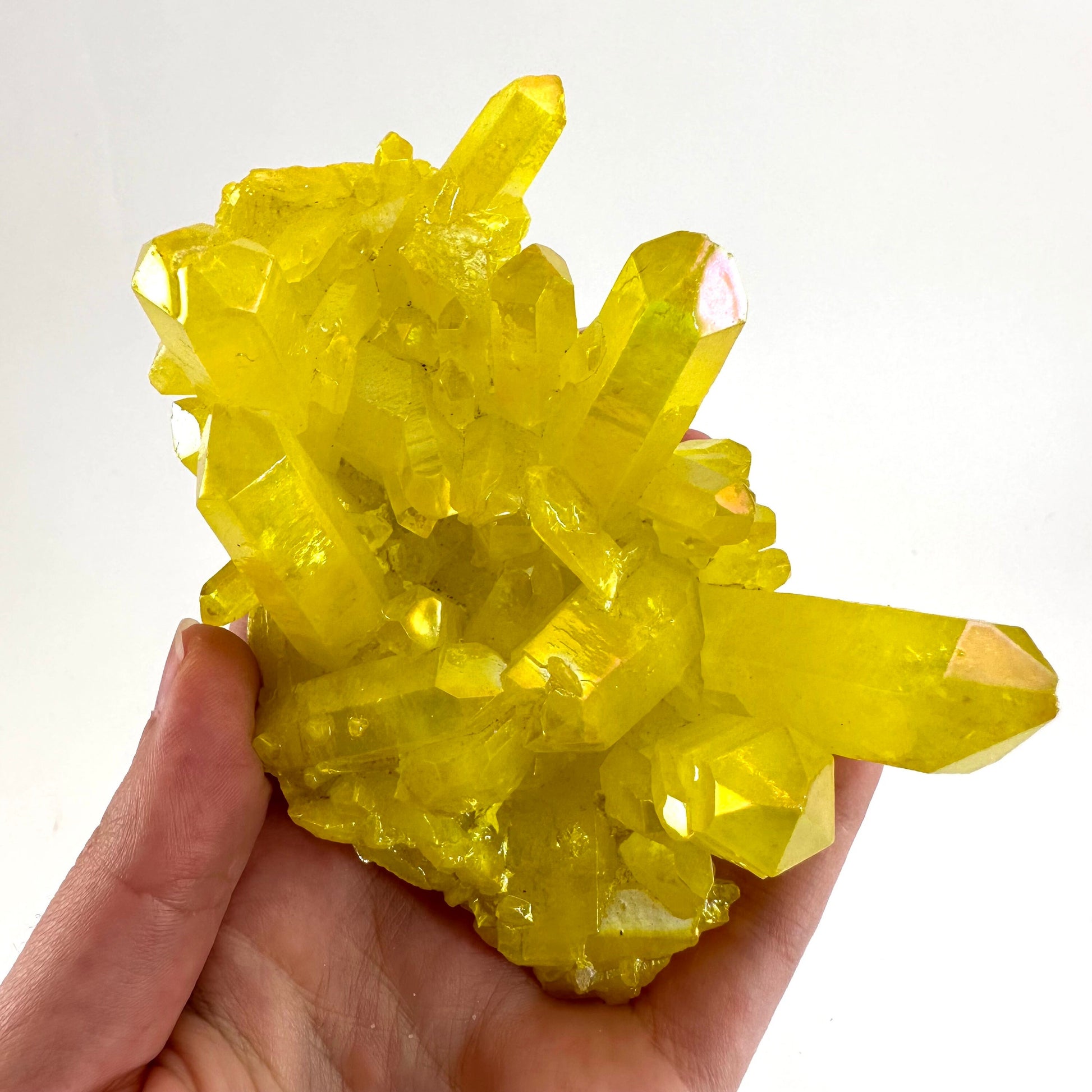 Lemon Aura Crystal Cluster, yellow aura quartz crystal
