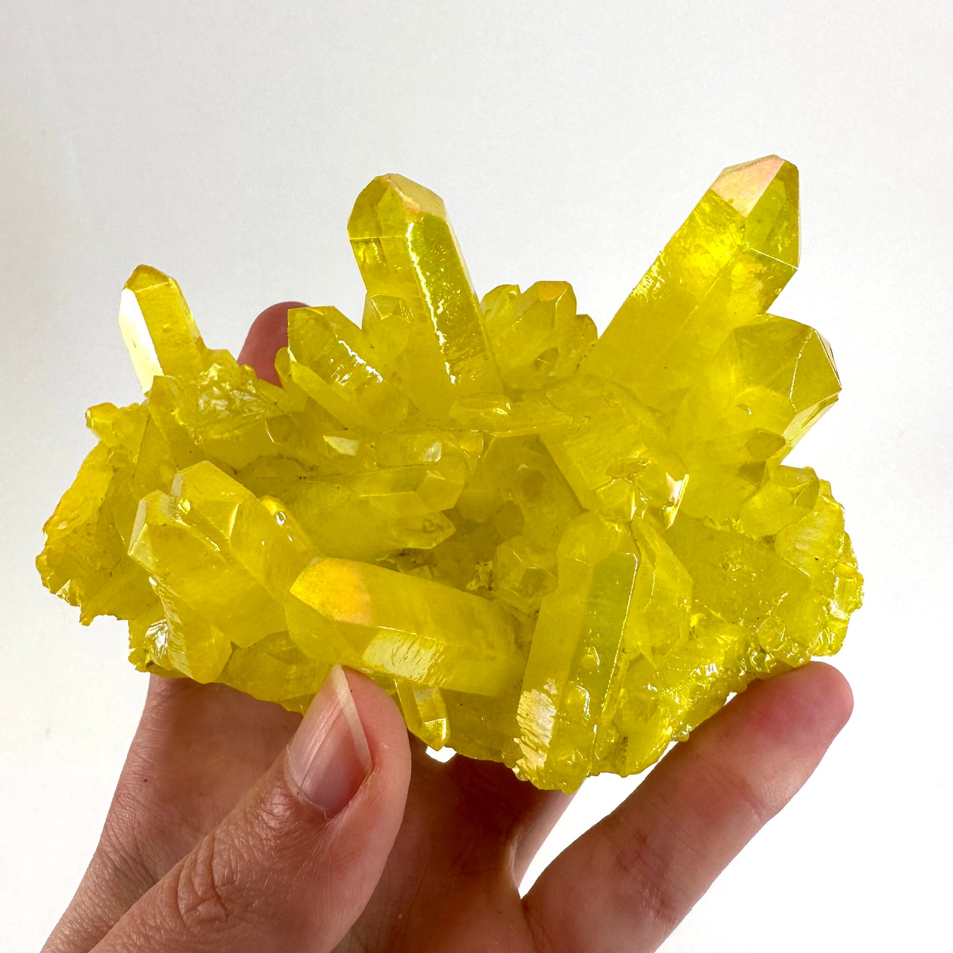 Lemon Aura Crystal Cluster, yellow aura quartz crystal