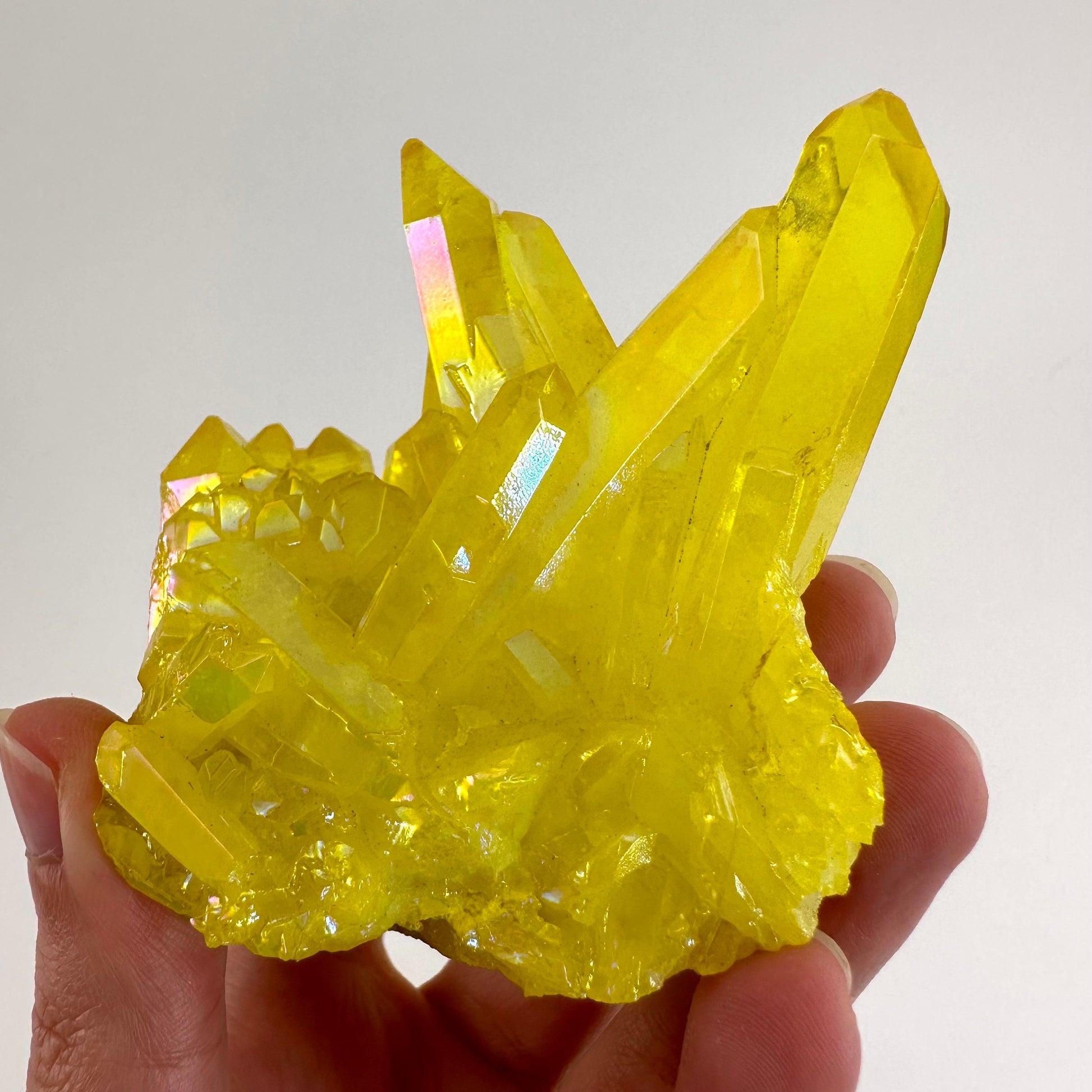Lemon Aura Crystal Cluster, yellow aura quartz crystal