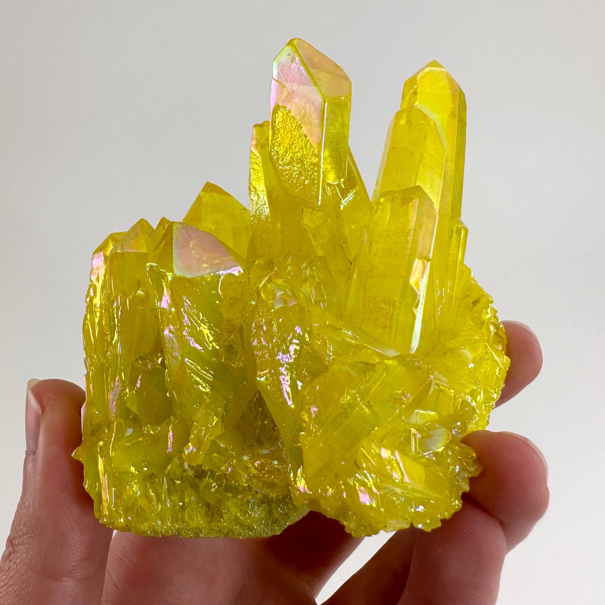 Lemon Aura Crystal Cluster, yellow aura quartz crystal
