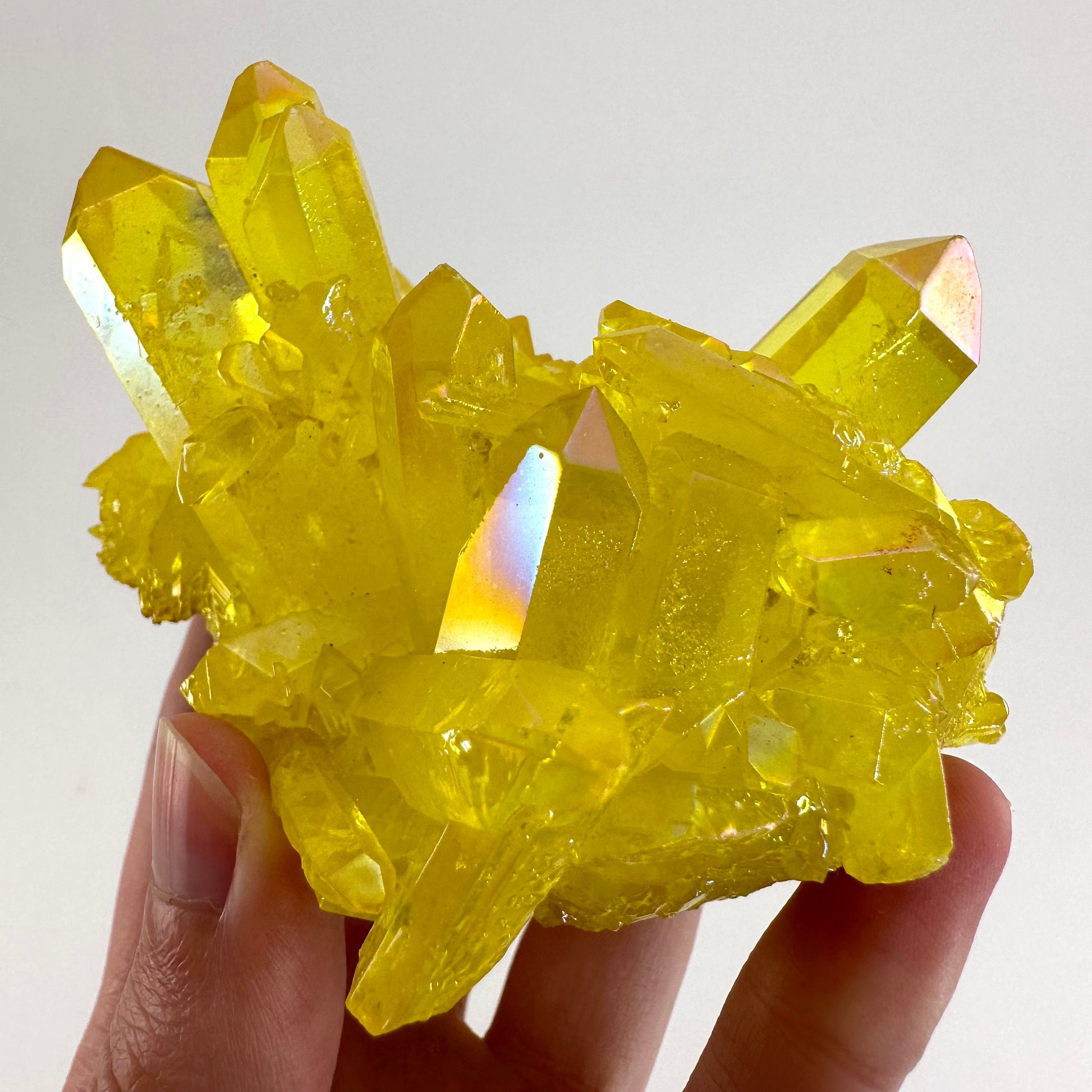 Lemon Aura Crystal Cluster, yellow aura quartz crystal