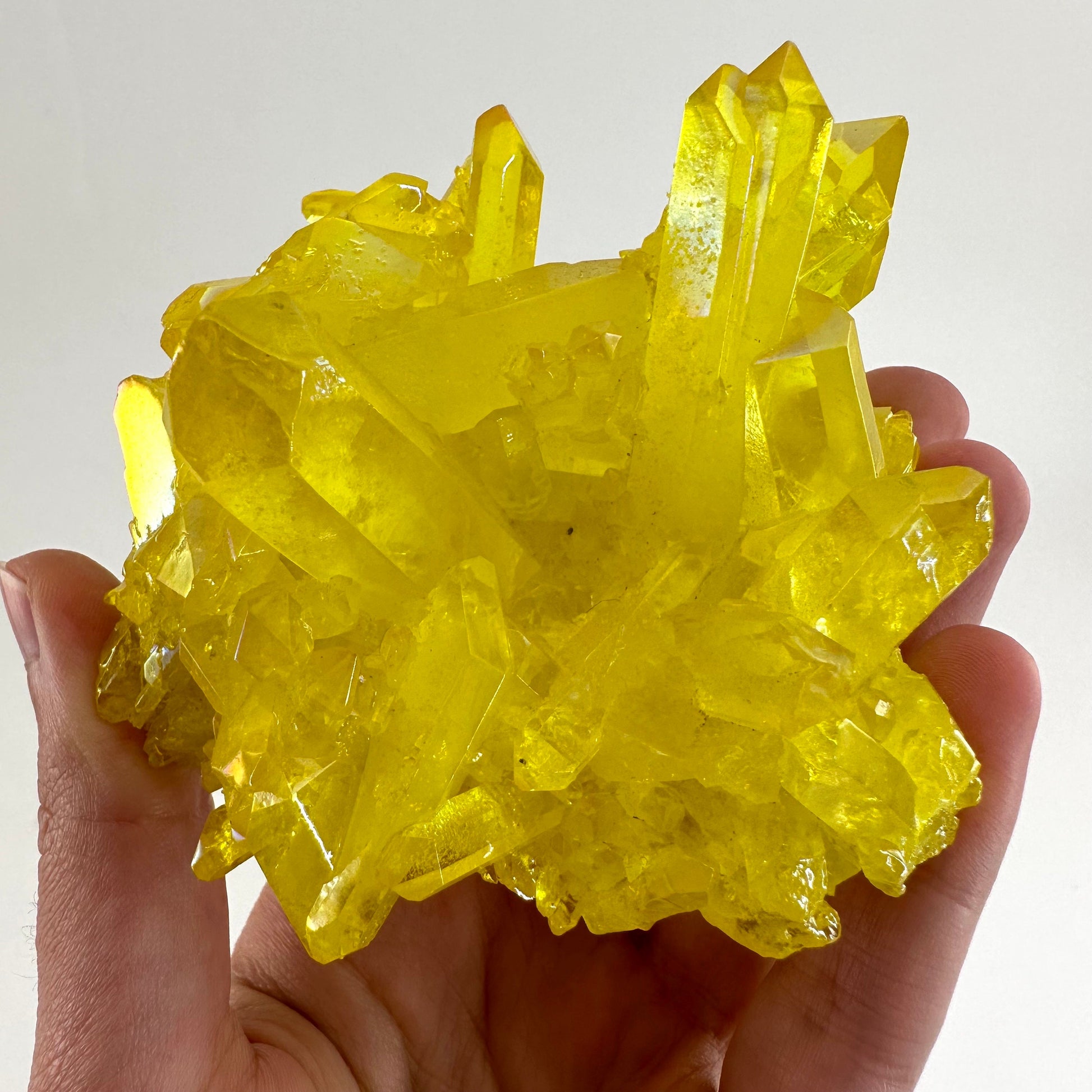 Lemon Aura Crystal Cluster, yellow aura quartz crystal
