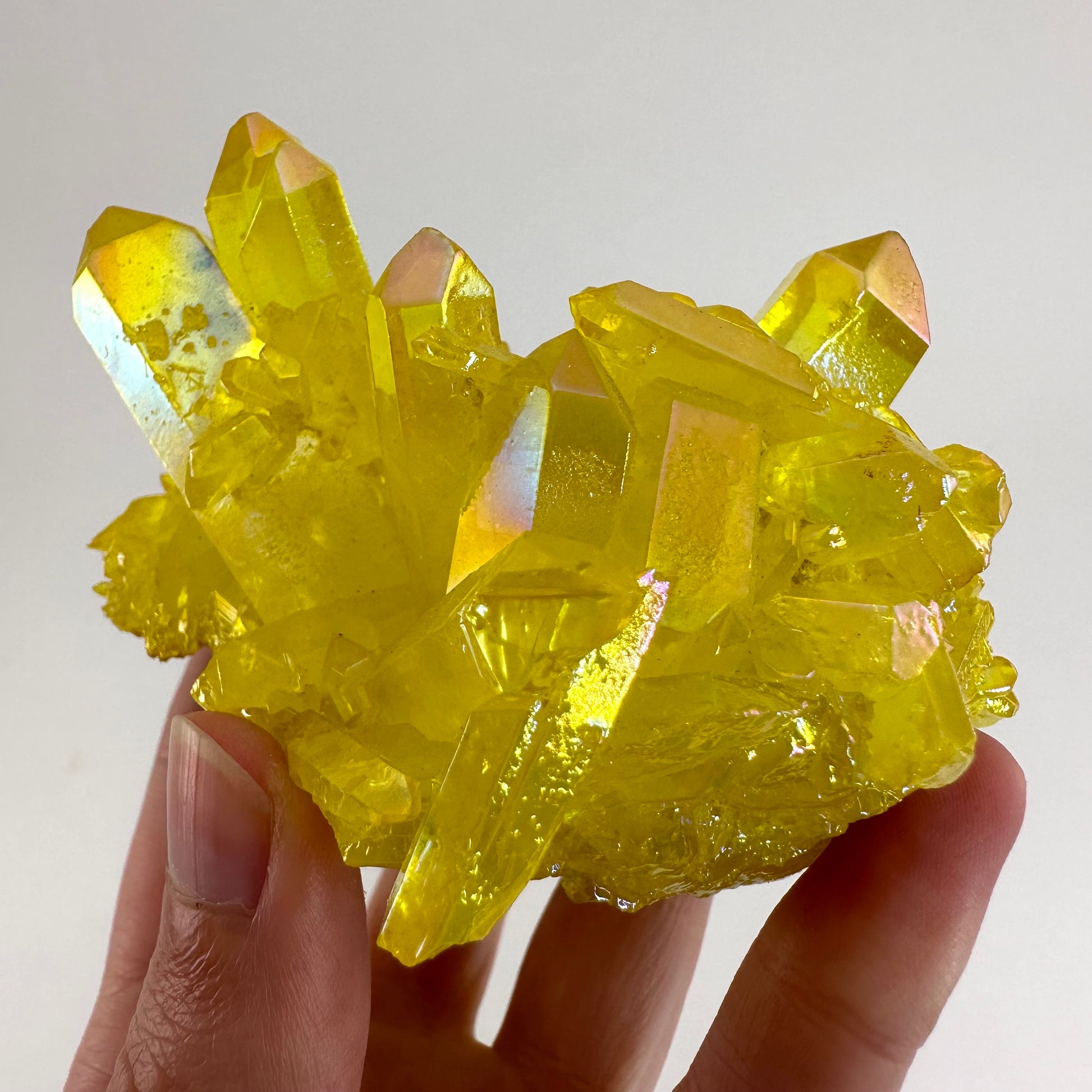 Lemon Aura Crystal Cluster, yellow aura quartz crystal