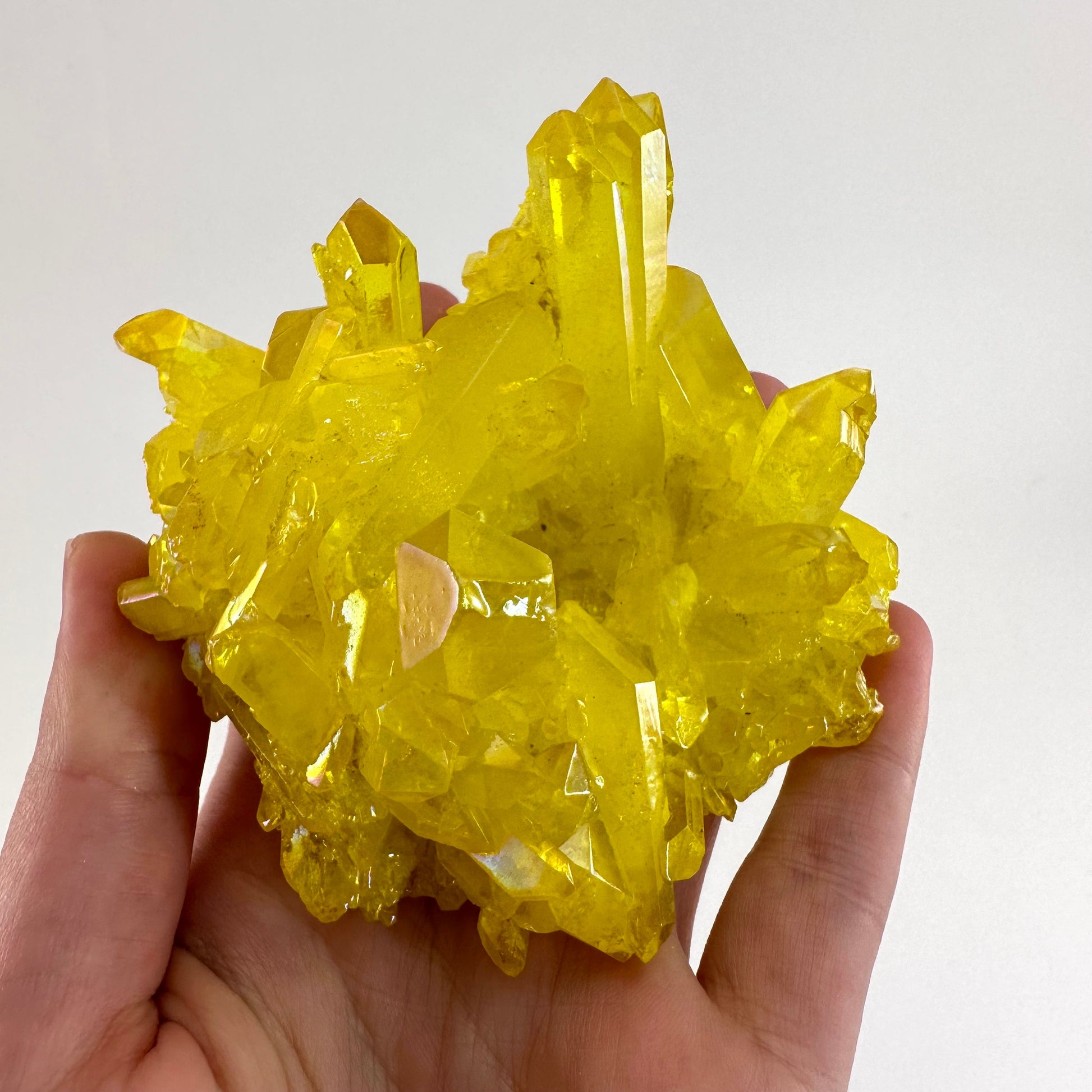 Lemon Aura Crystal Cluster, yellow aura quartz crystal