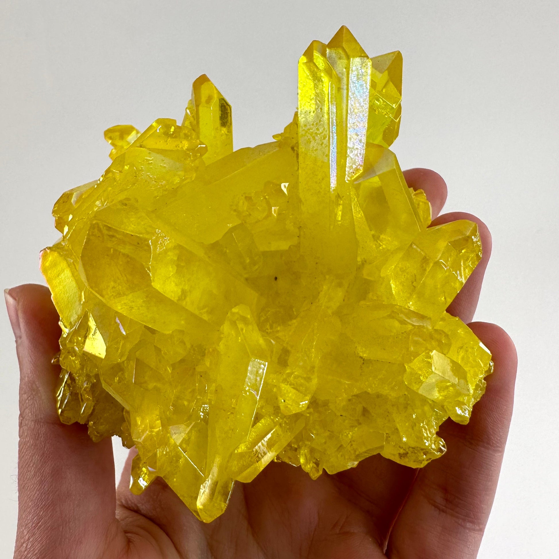 Lemon Aura Crystal Cluster, yellow aura quartz crystal