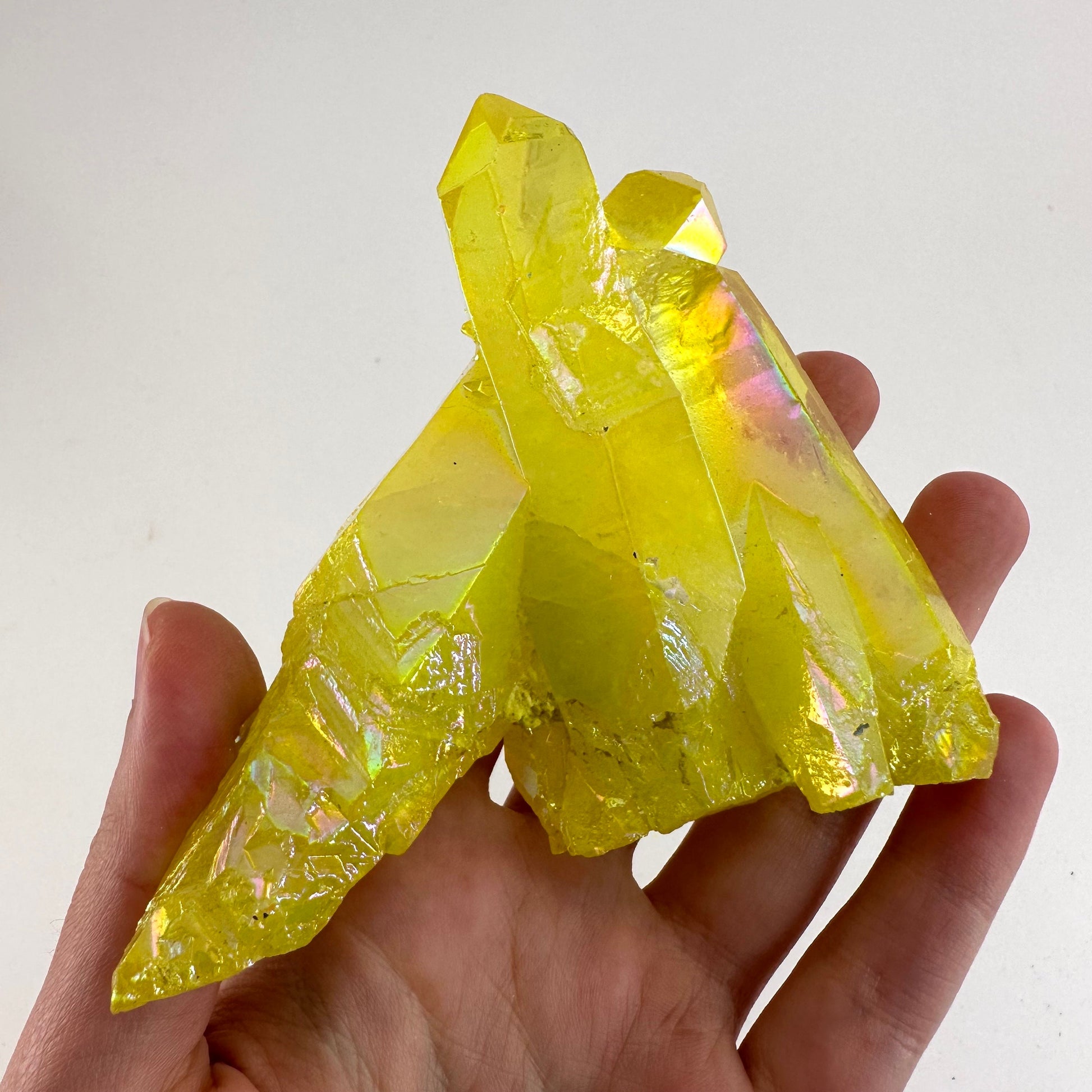 Lemon Aura Crystal Cluster, yellow aura quartz crystal