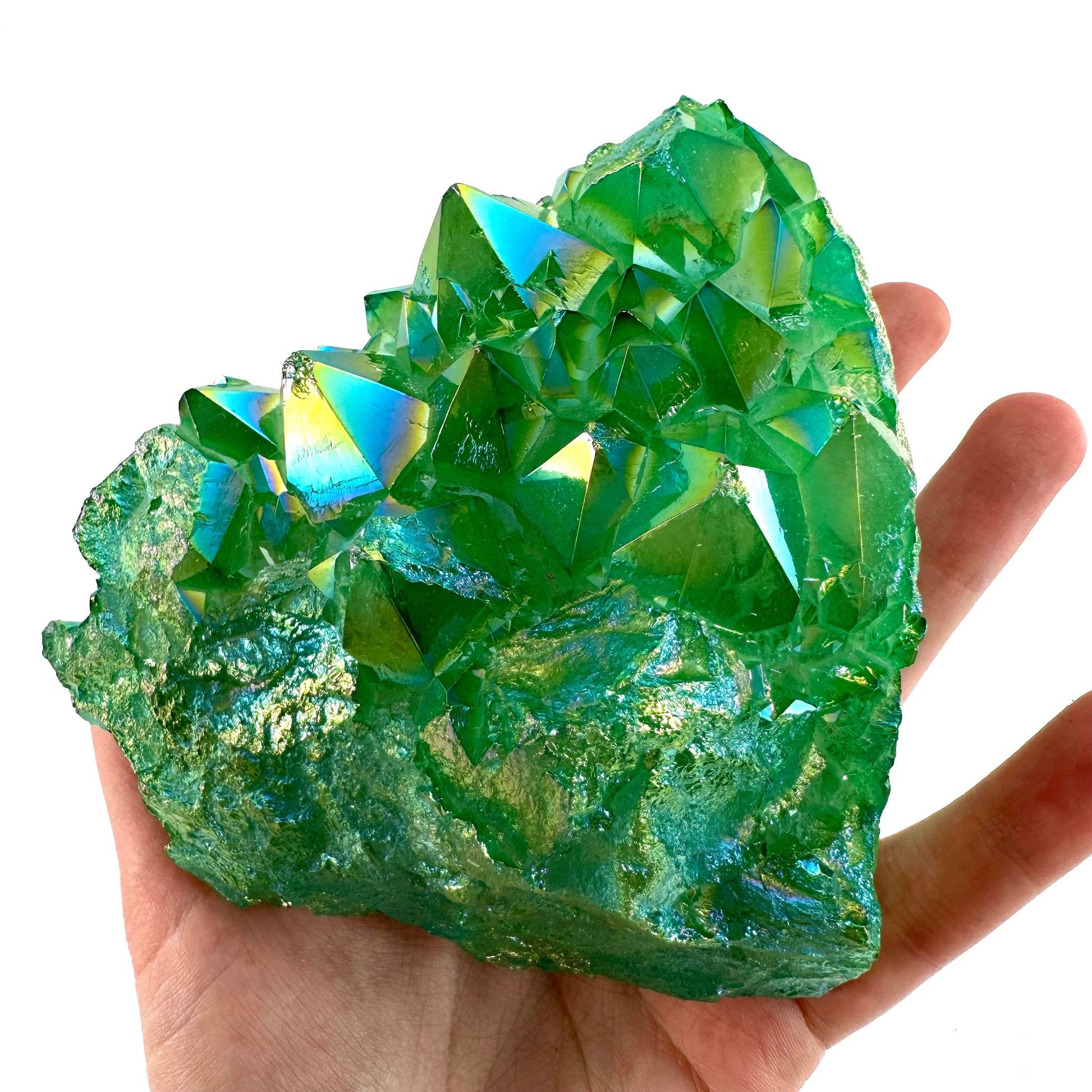 Green aura quartz cluster, apple aura quartz, aura crystal