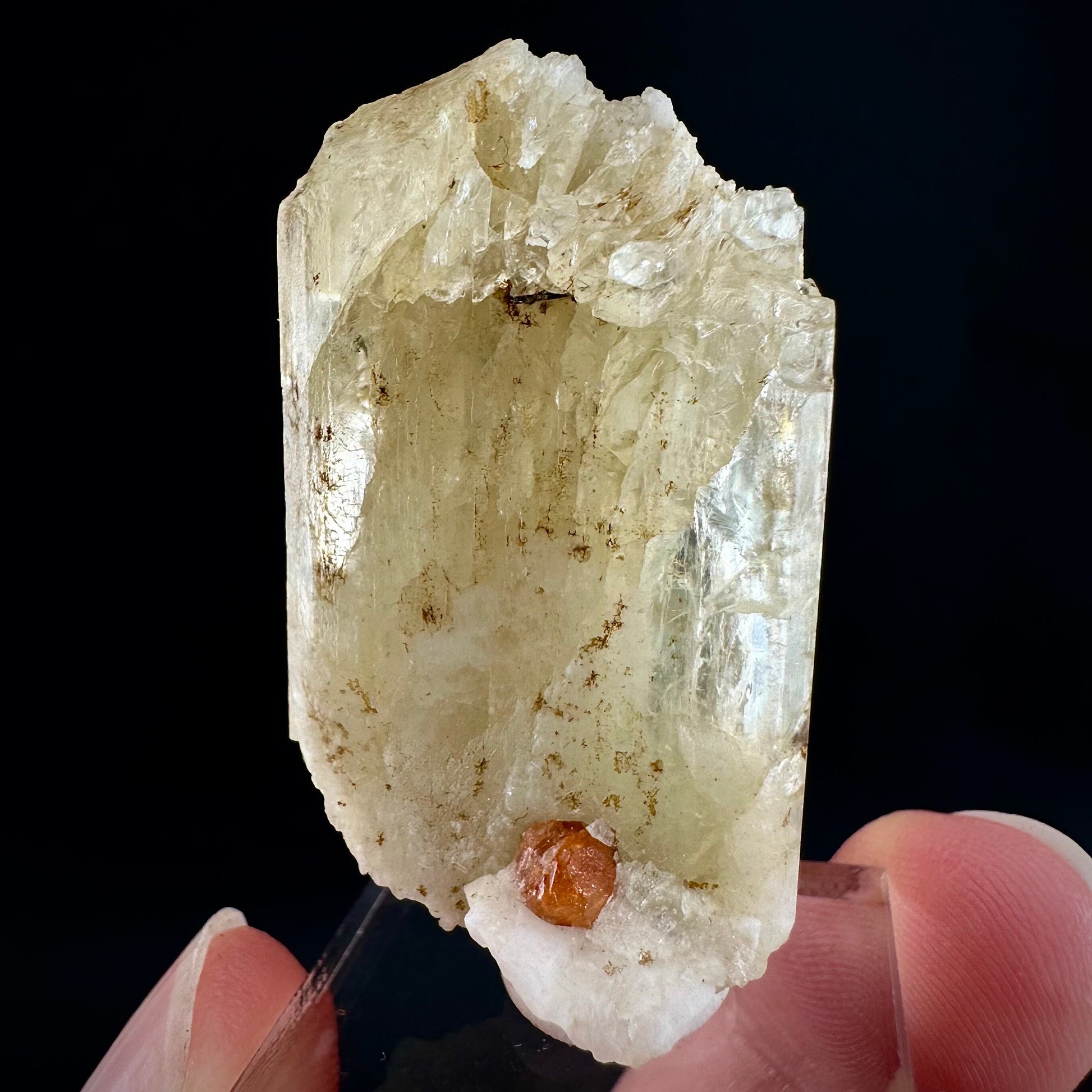 Rare! Spessartine Garnet on Kunzite (Pakistan) | orange garnet on kunzite, kunzite crystal, kunzite specimen, rare crystals, rare minerals