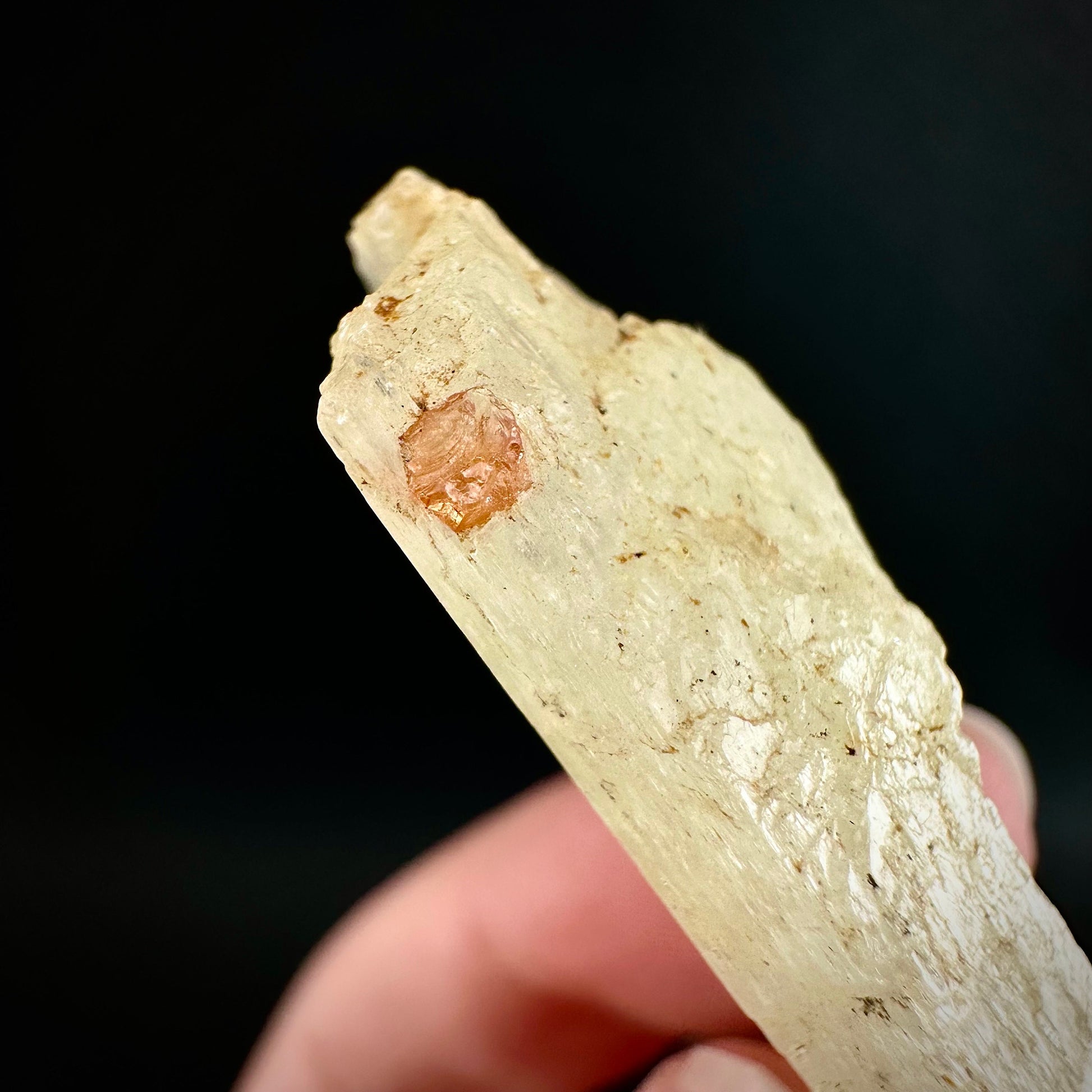 Rare! Spessartine Garnet on Kunzite (Pakistan) | orange garnet on kunzite, kunzite crystal, kunzite specimen, rare crystals, rare minerals