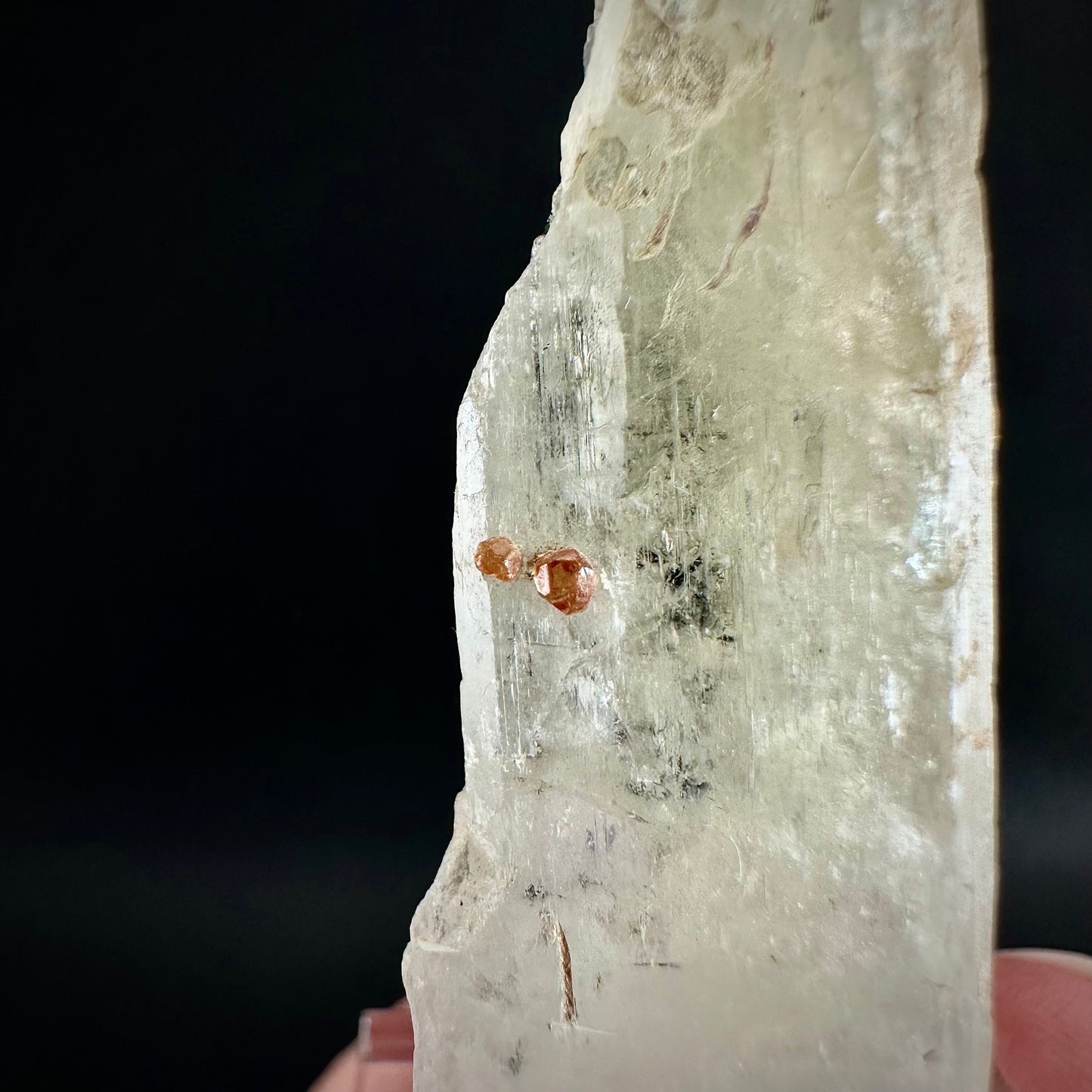 Rare! Spessartine Garnet on Kunzite (Pakistan) | orange garnet on kunzite, kunzite crystal, kunzite specimen, rare crystals, rare minerals