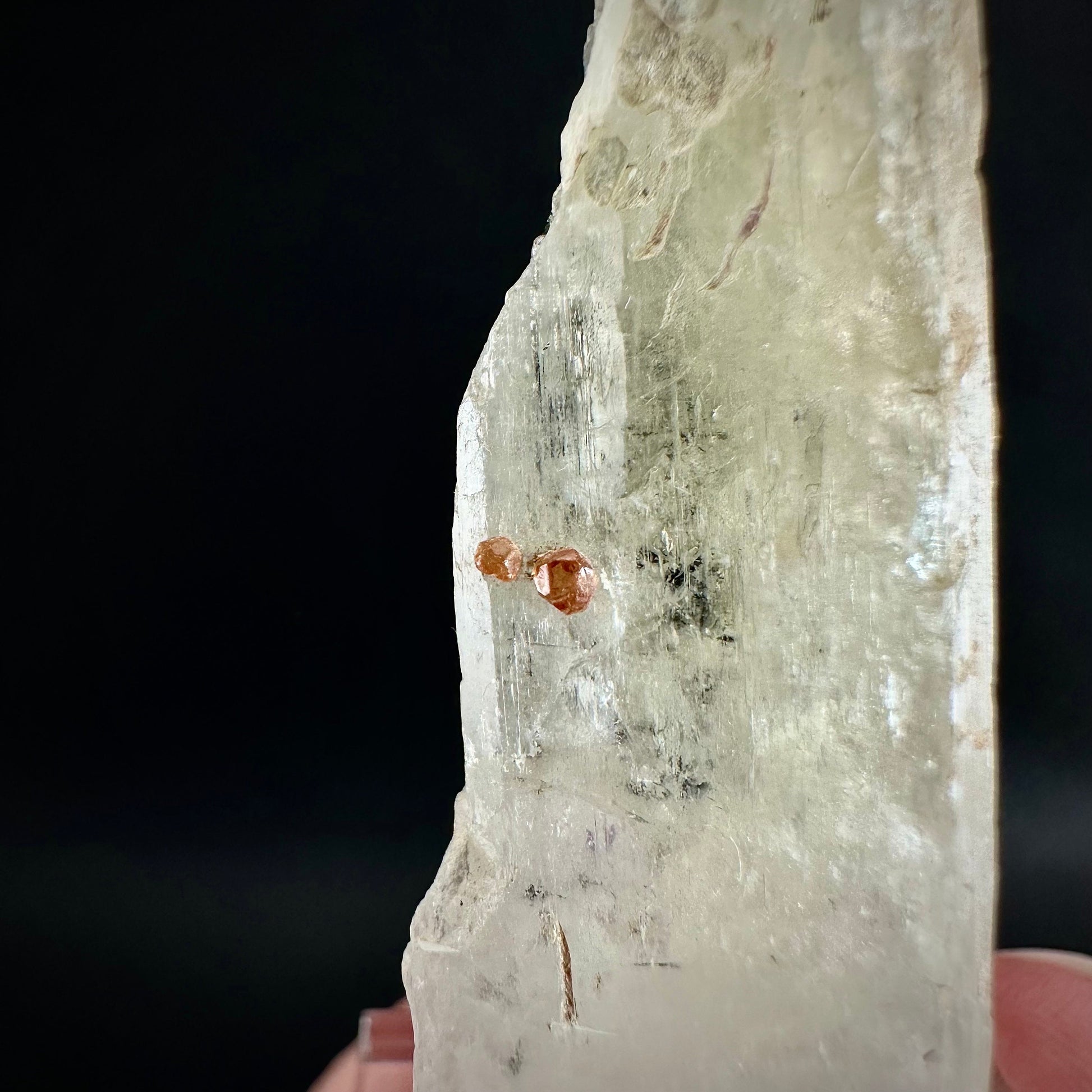 Rare! Spessartine Garnet on Kunzite (Pakistan) | orange garnet on kunzite, kunzite crystal, kunzite specimen, rare crystals, rare minerals