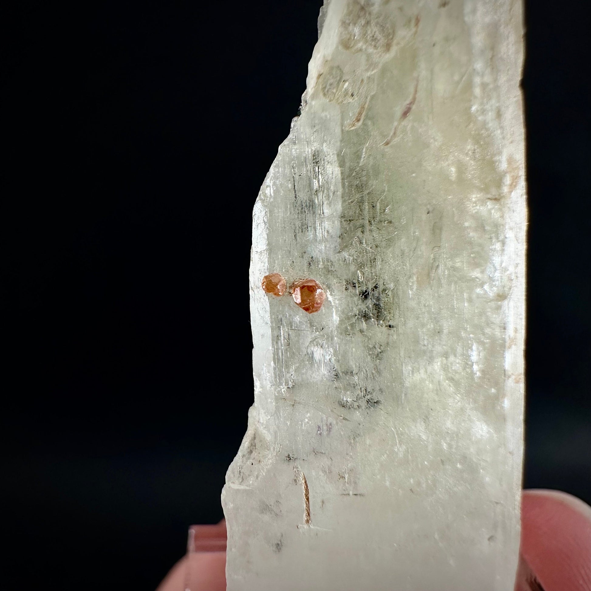 Rare! Spessartine Garnet on Kunzite (Pakistan) | orange garnet on kunzite, kunzite crystal, kunzite specimen, rare crystals, rare minerals