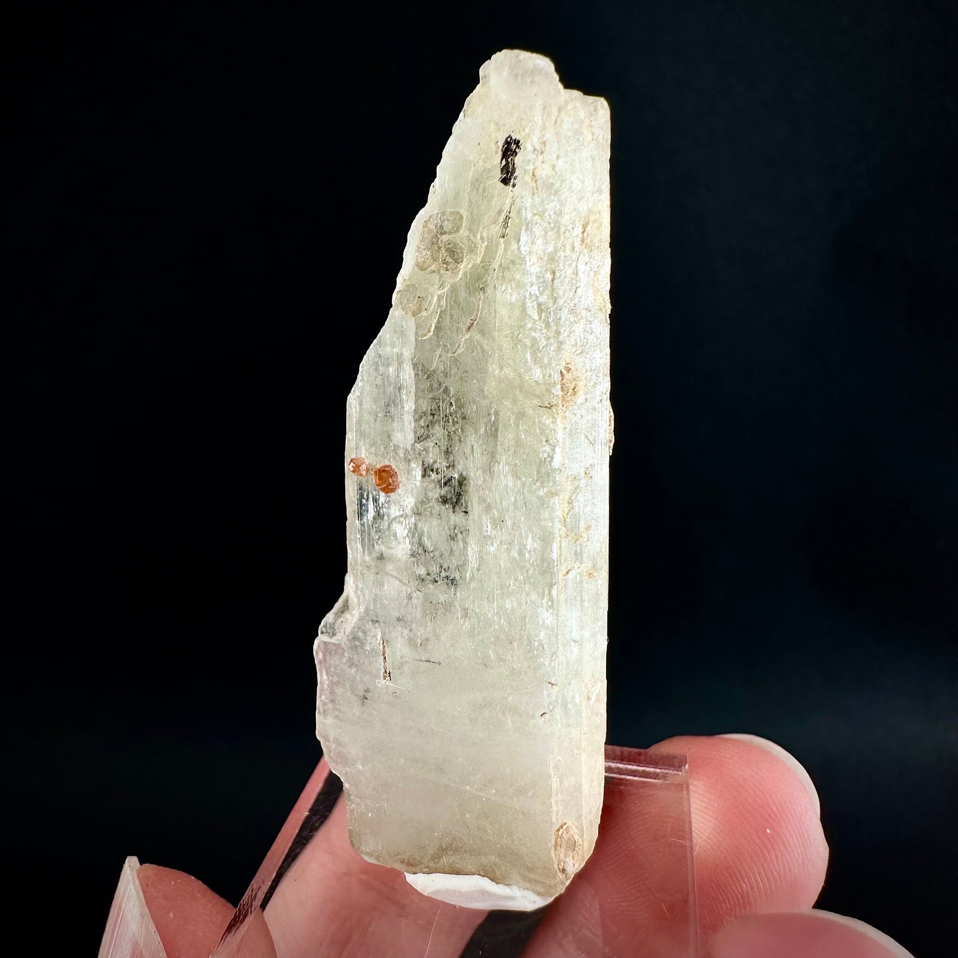 Rare! Spessartine Garnet on Kunzite (Pakistan) | orange garnet on kunzite, kunzite crystal, kunzite specimen, rare crystals, rare minerals