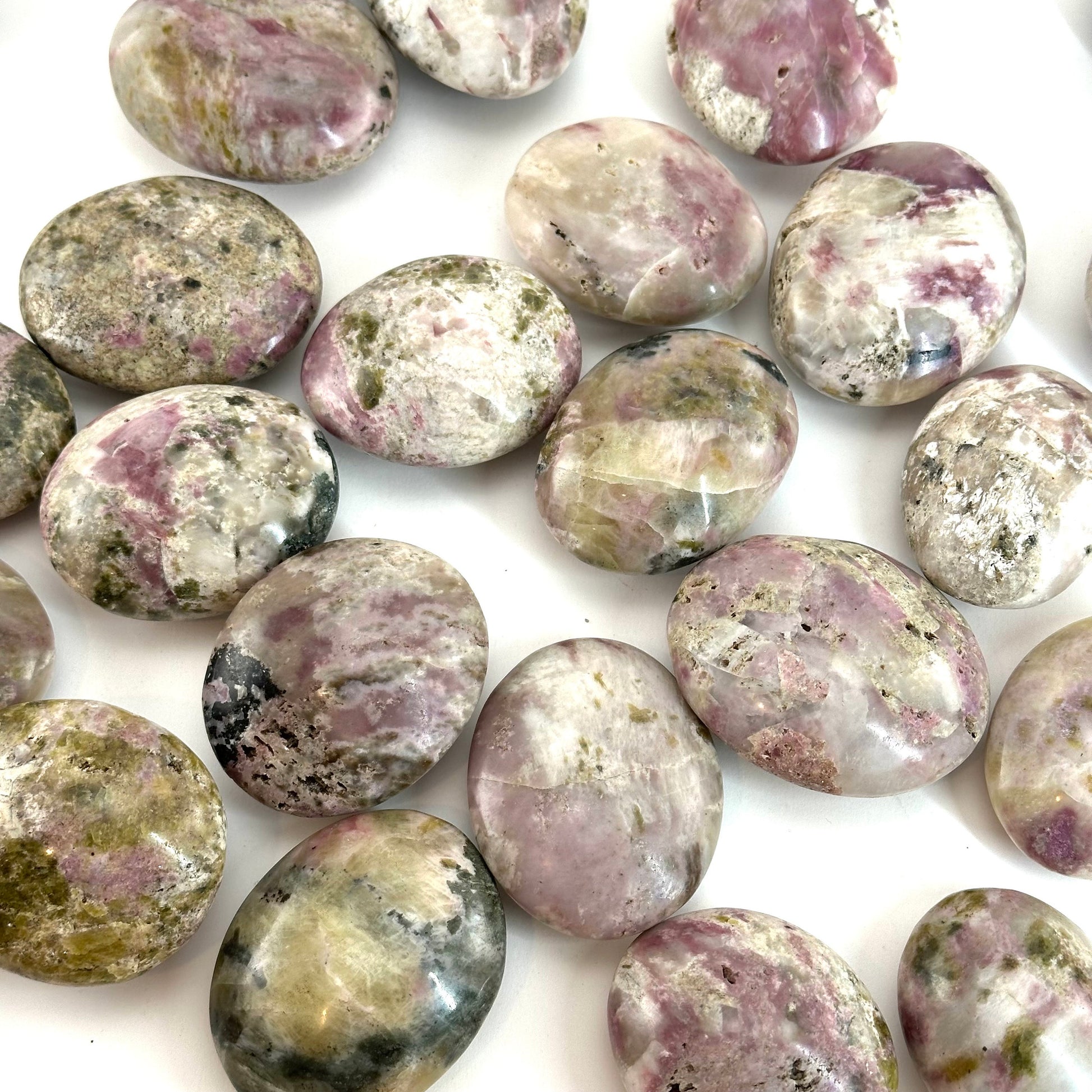 Mystic Mica Palm Stone (Madagascar) | epidote with lepidolite & mica, pocket stone, yellow mica, palm stone, polished lepidolite and epidote