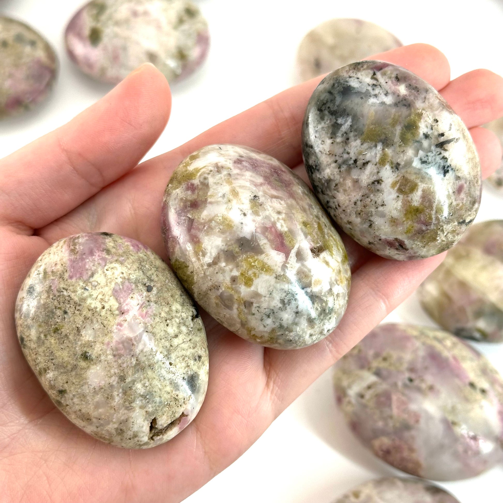 Mystic Mica Palm Stone (Madagascar) | epidote with lepidolite & mica, pocket stone, yellow mica, palm stone, polished lepidolite and epidote