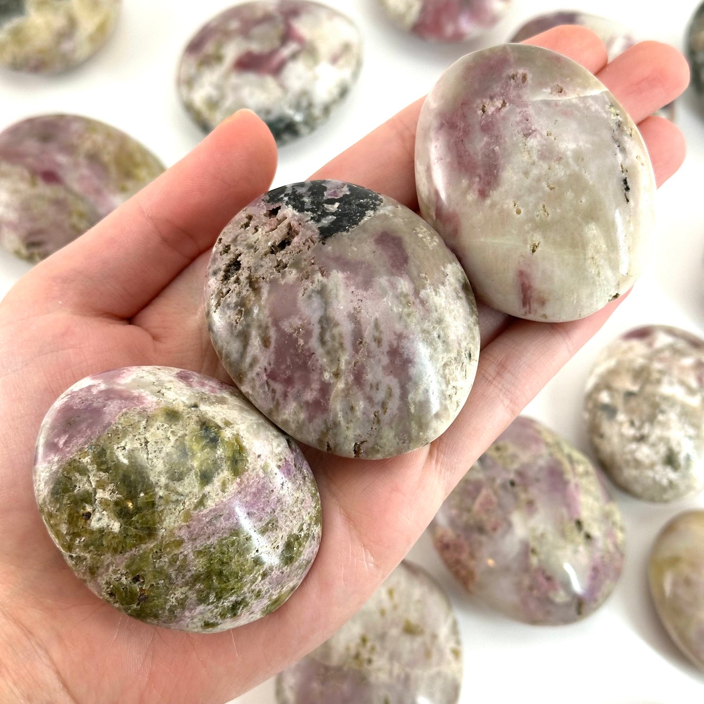 Mystic Mica Palm Stone (Madagascar) | epidote with lepidolite & mica, pocket stone, yellow mica, palm stone, polished lepidolite and epidote