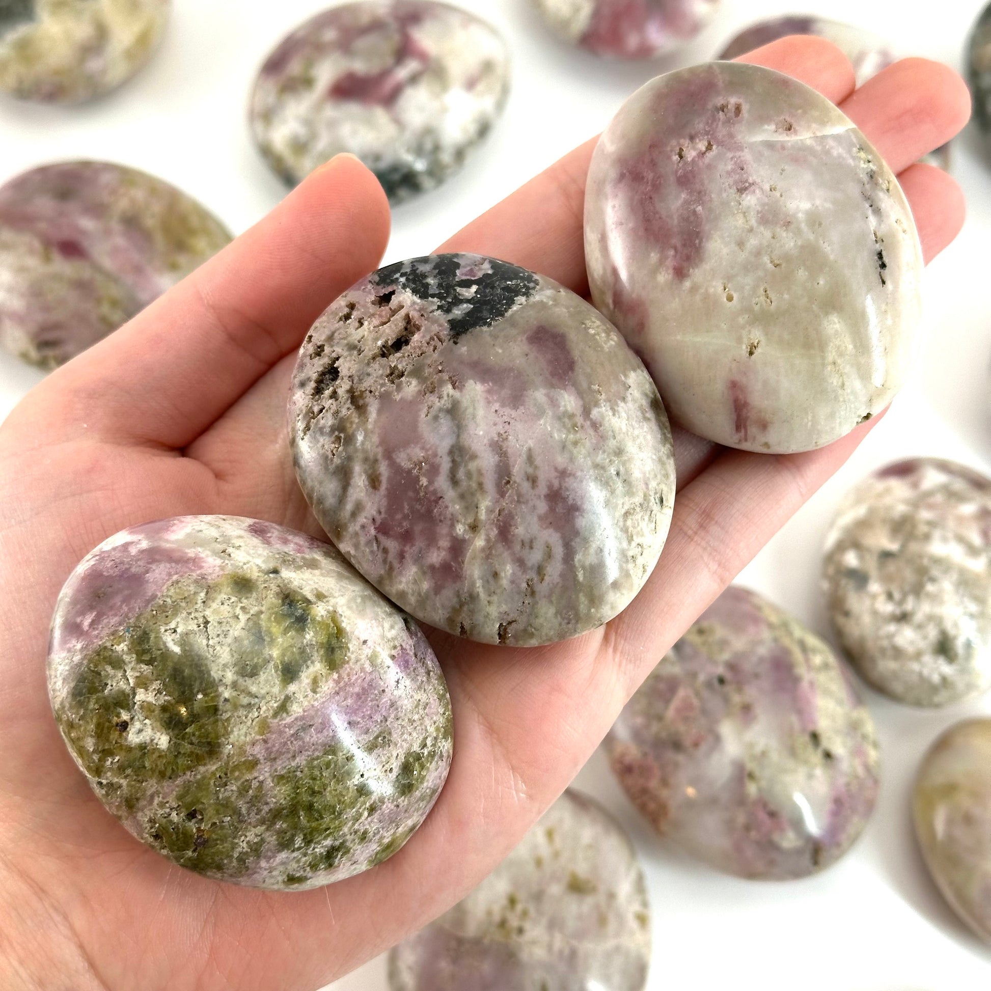 Mystic Mica Palm Stone (Madagascar) | epidote with lepidolite & mica, pocket stone, yellow mica, palm stone, polished lepidolite and epidote