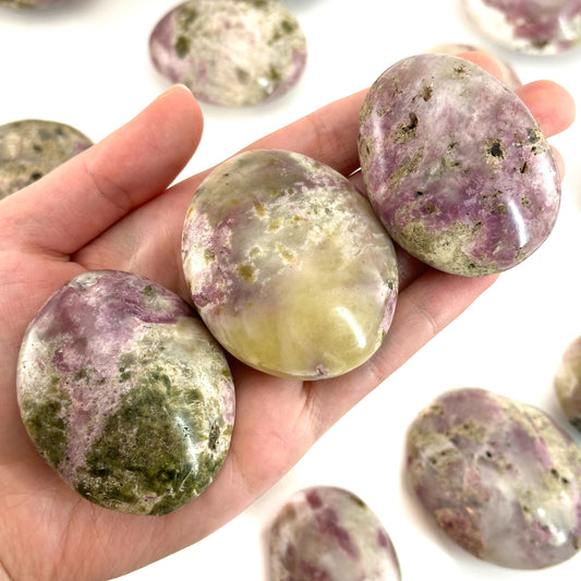 Mystic Mica Palm Stone (Madagascar) | epidote with lepidolite & mica, pocket stone, yellow mica, palm stone, polished lepidolite and epidote