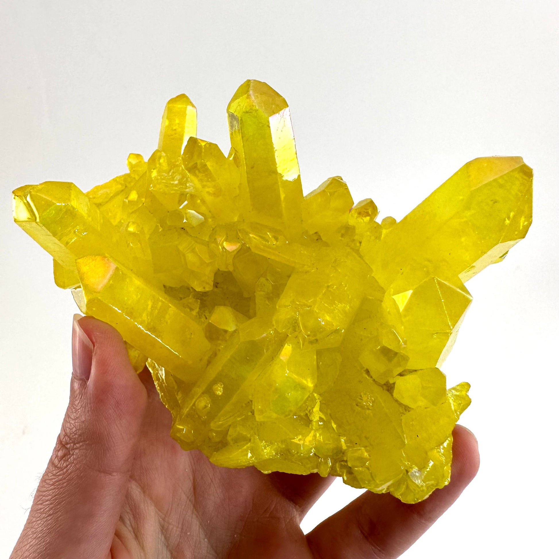 Lemon Aura Crystal Cluster, yellow aura quartz crystal