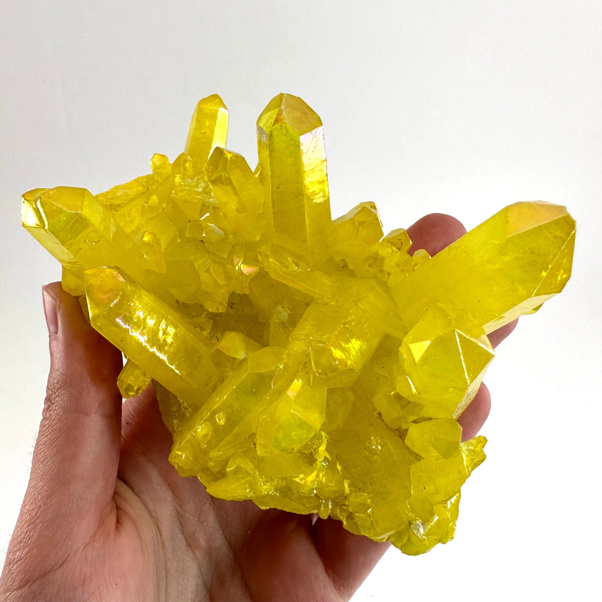 Lemon Aura Crystal Cluster, yellow aura quartz crystal