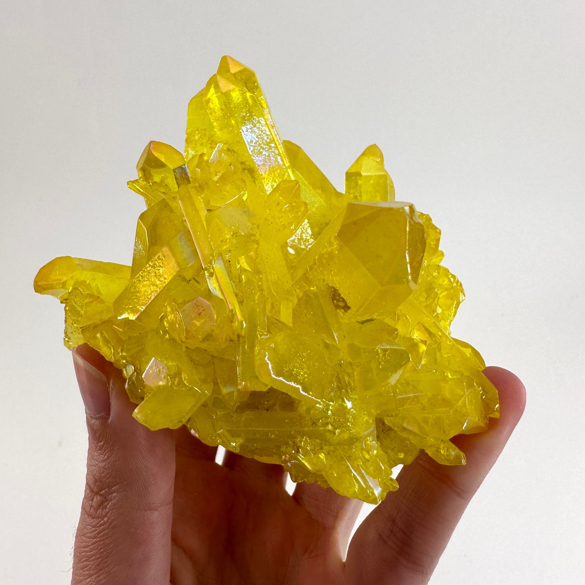 Lemon Aura Crystal Cluster, yellow aura quartz crystal