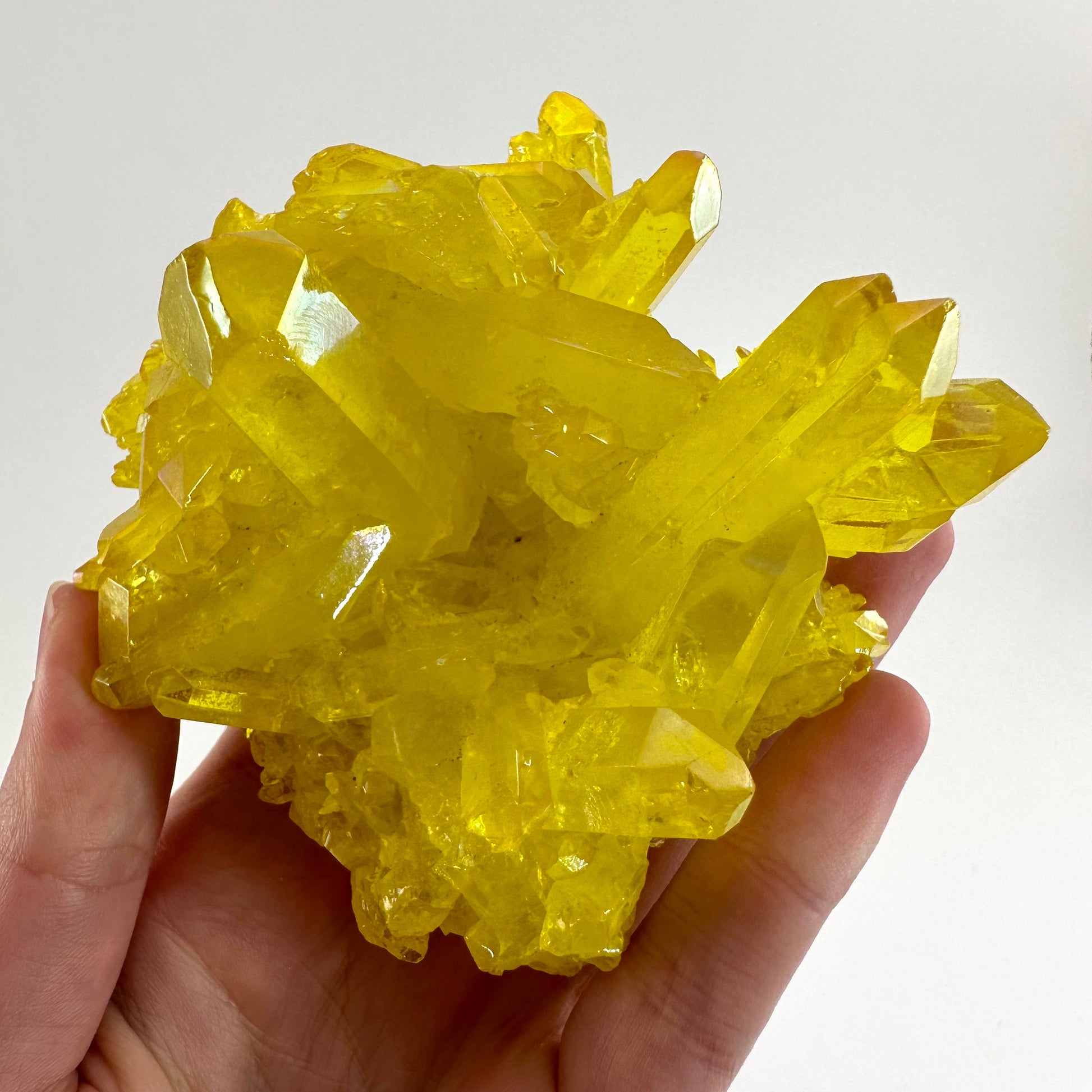 Lemon Aura Crystal Cluster, yellow aura quartz crystal