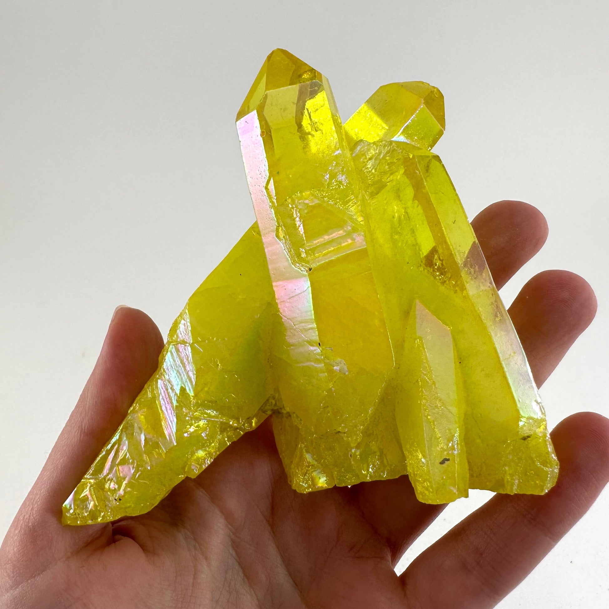 Lemon Aura Crystal Cluster, yellow aura quartz crystal