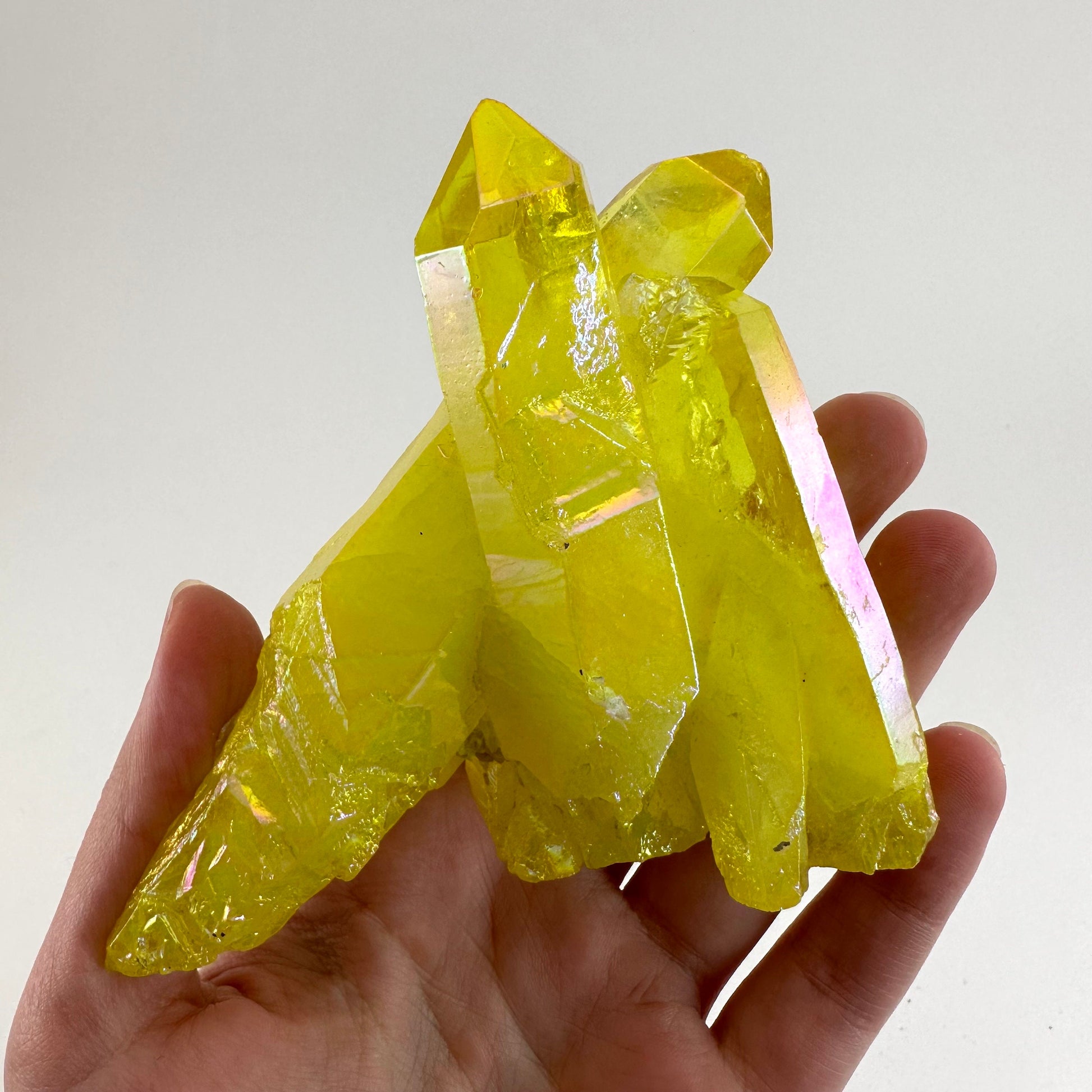 Lemon Aura Crystal Cluster, yellow aura quartz crystal