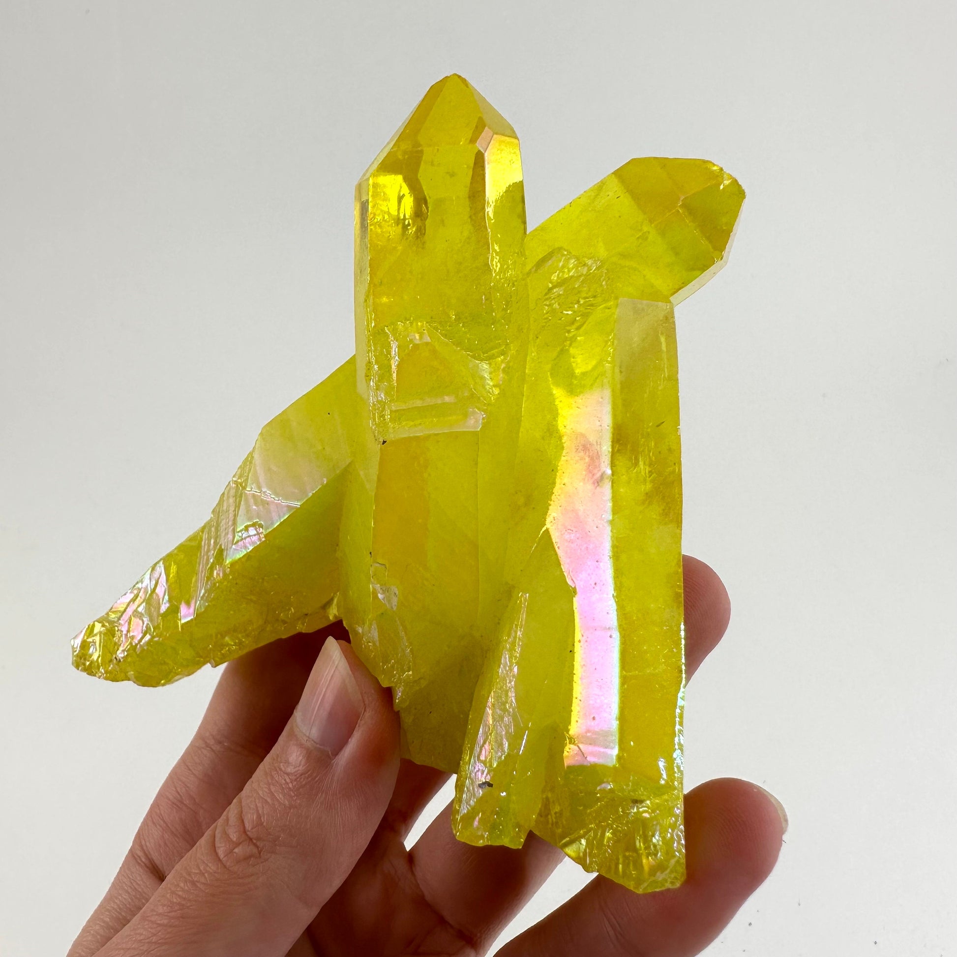 Lemon Aura Crystal Cluster, yellow aura quartz crystal
