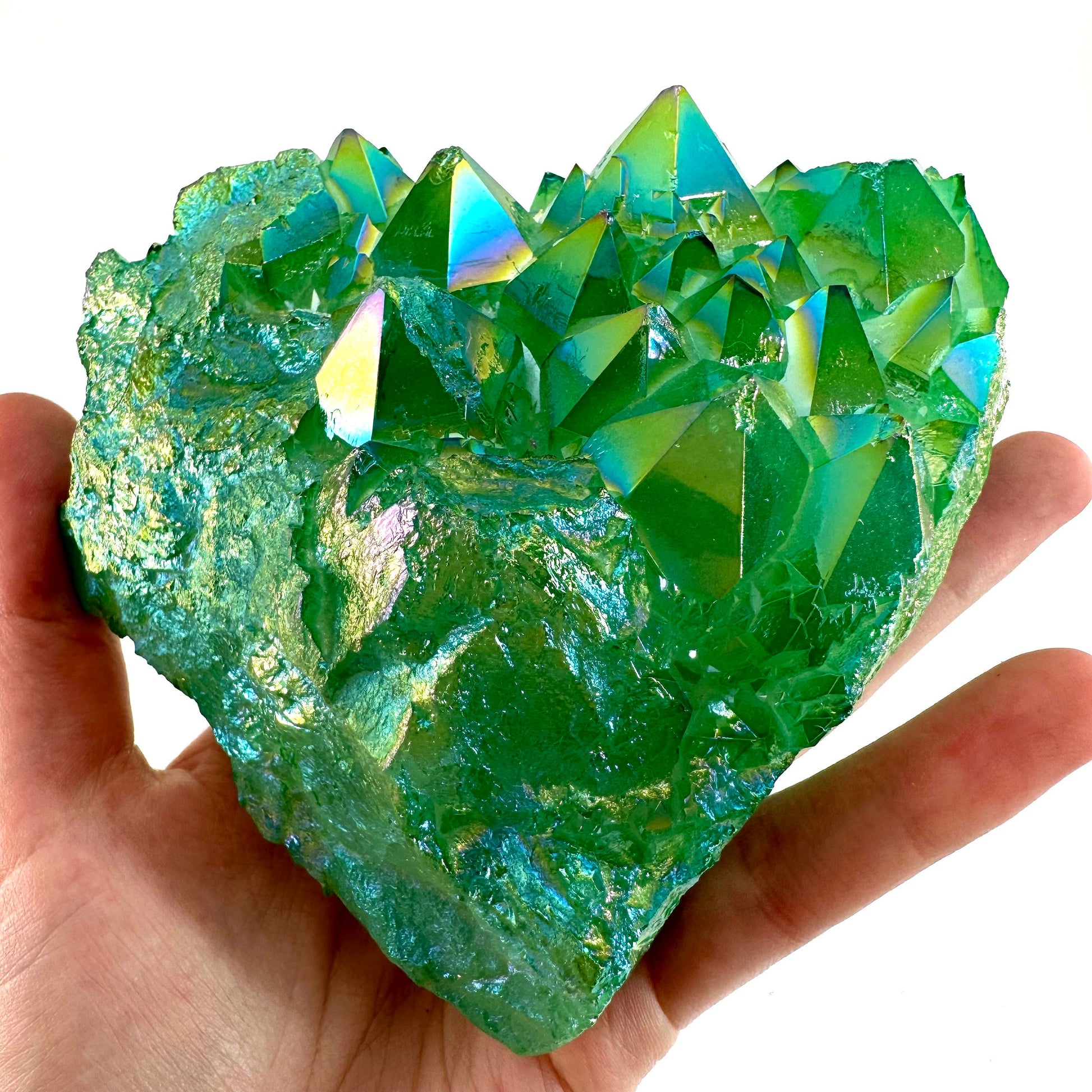 Green aura quartz cluster, apple aura quartz, aura crystal