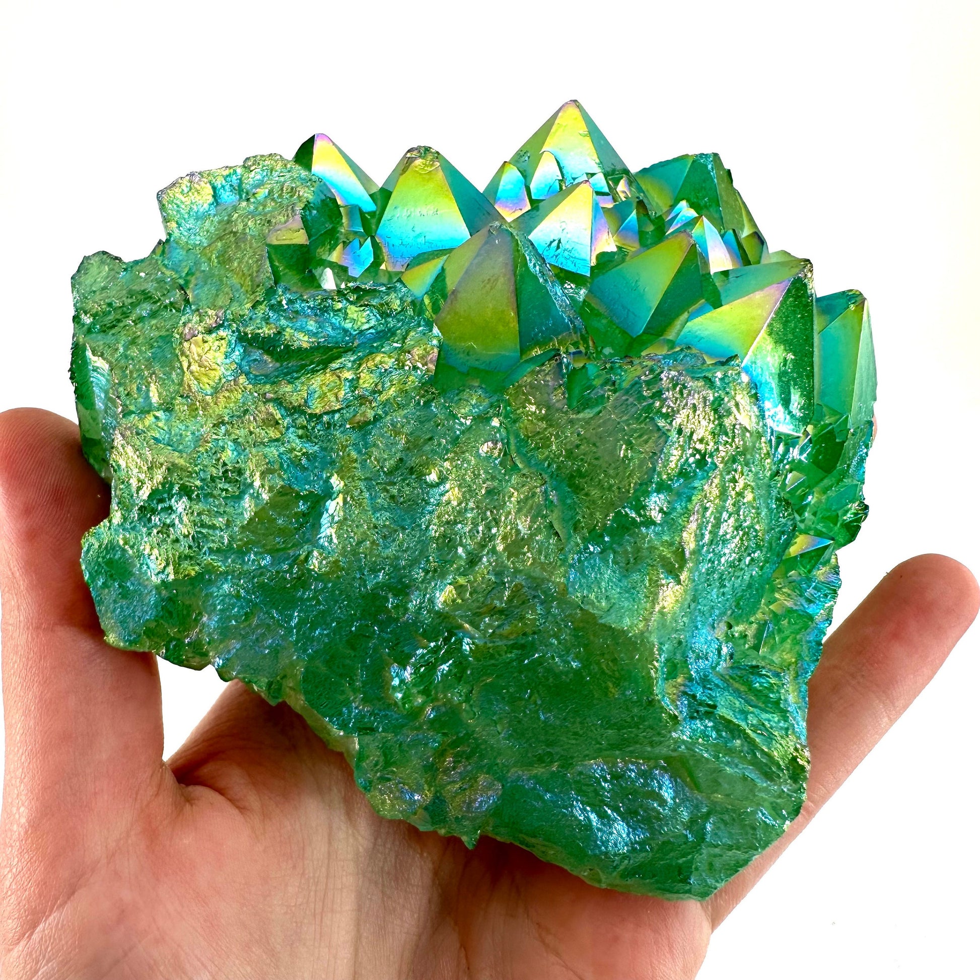 Green aura quartz cluster, apple aura quartz, aura crystal