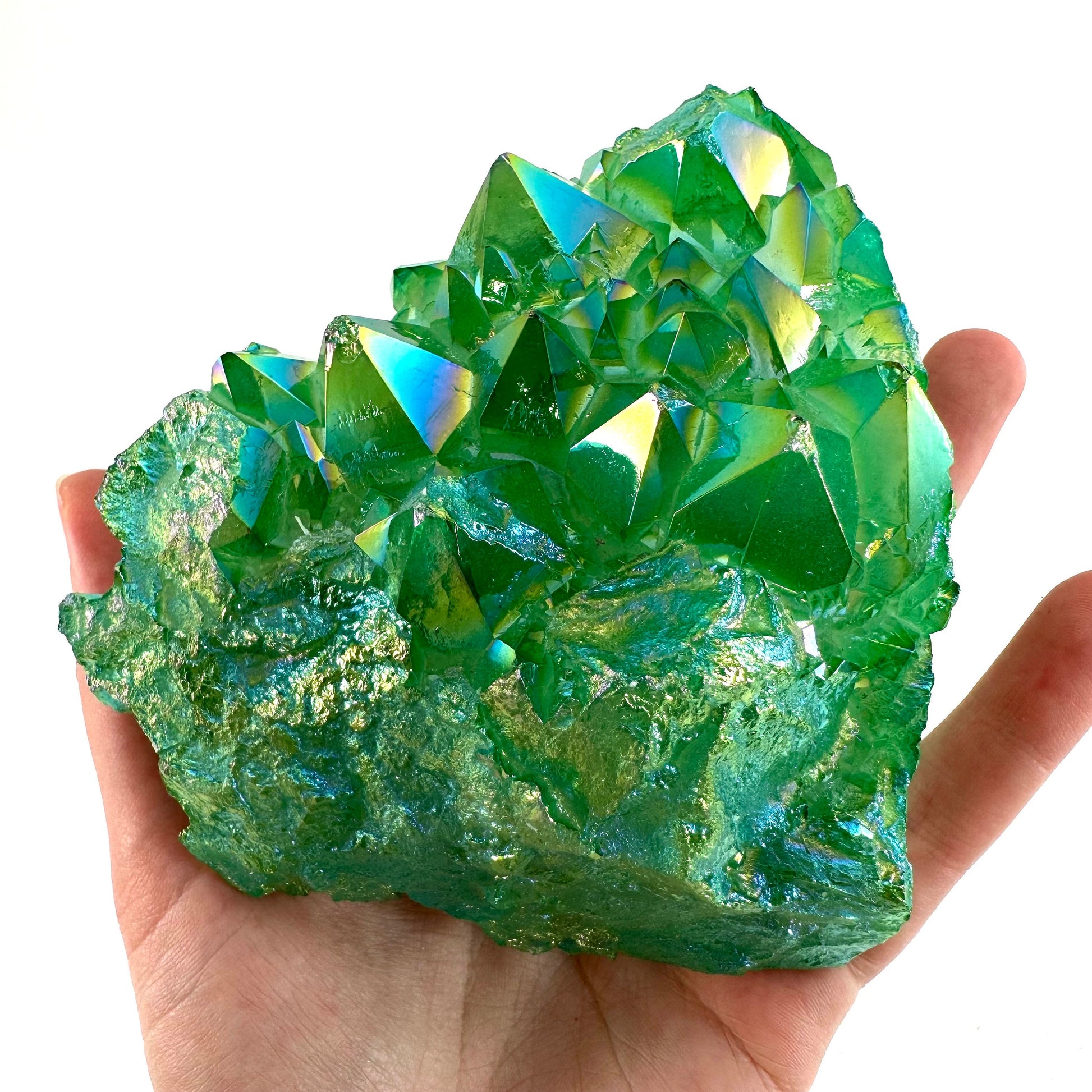 Green aura quartz cluster, apple aura quartz, aura crystal