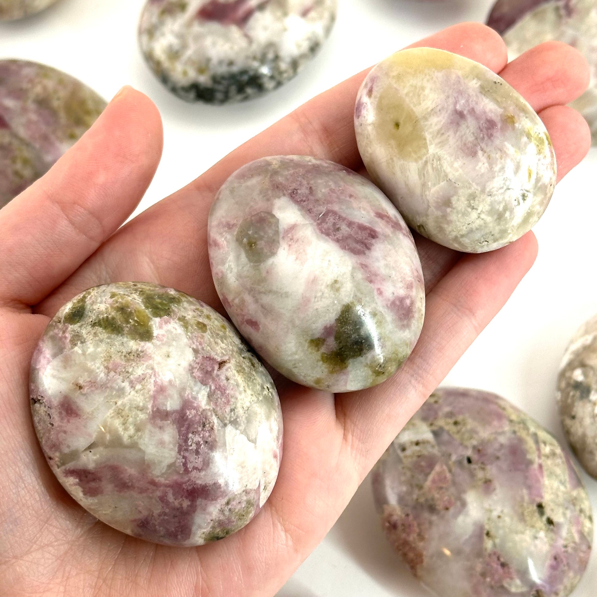 Mystic Mica Palm Stone (Madagascar) | epidote with lepidolite & mica, pocket stone, yellow mica, palm stone, polished lepidolite and epidote