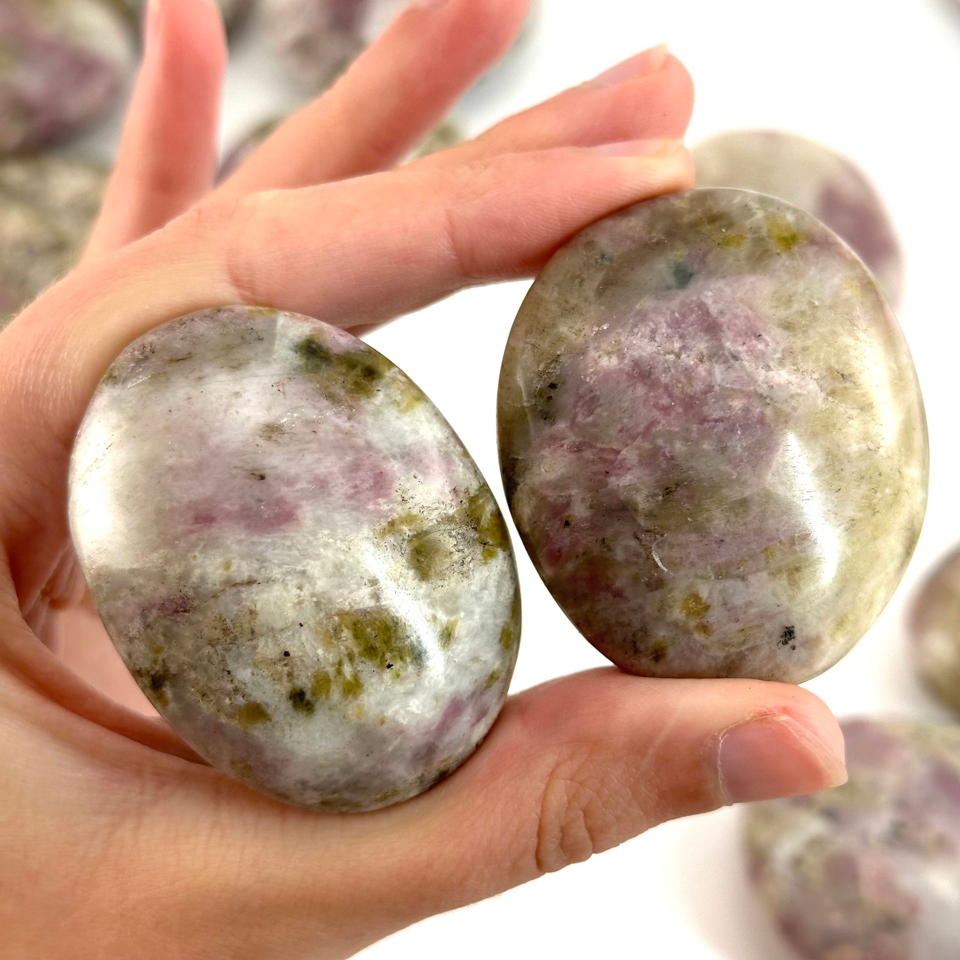 Mystic Mica Palm Stone (Madagascar) | epidote with lepidolite & mica, pocket stone, yellow mica, palm stone, polished lepidolite and epidote