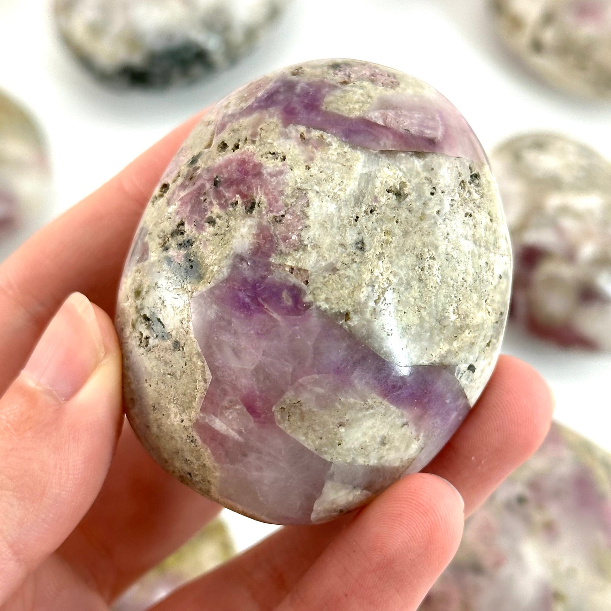 Mystic Mica Palm Stone (Madagascar) | epidote with lepidolite & mica, pocket stone, yellow mica, palm stone, polished lepidolite and epidote