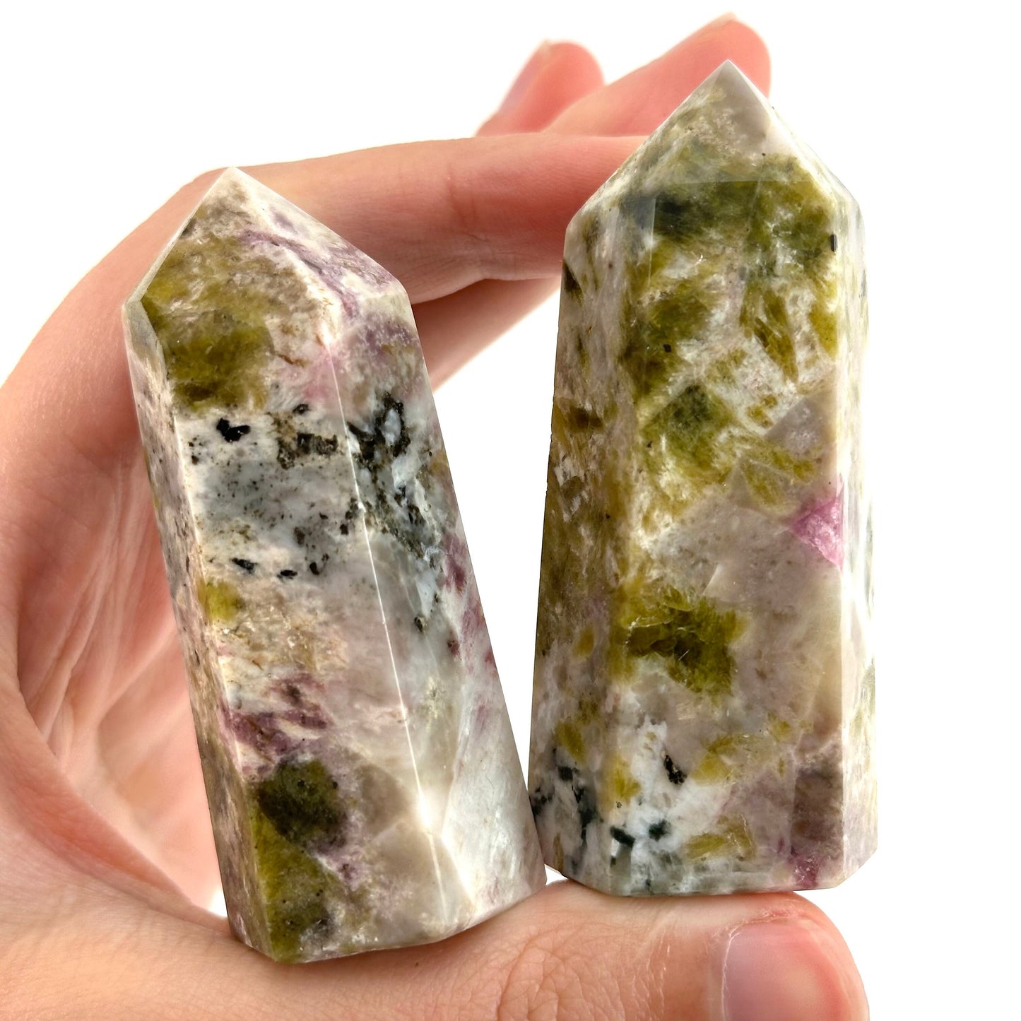 Mystic Mica Point, Epidote with Lepidolite tower, crystal point, pink crystal, epidote and lepidolite, lepidolite crystal, crystal tower