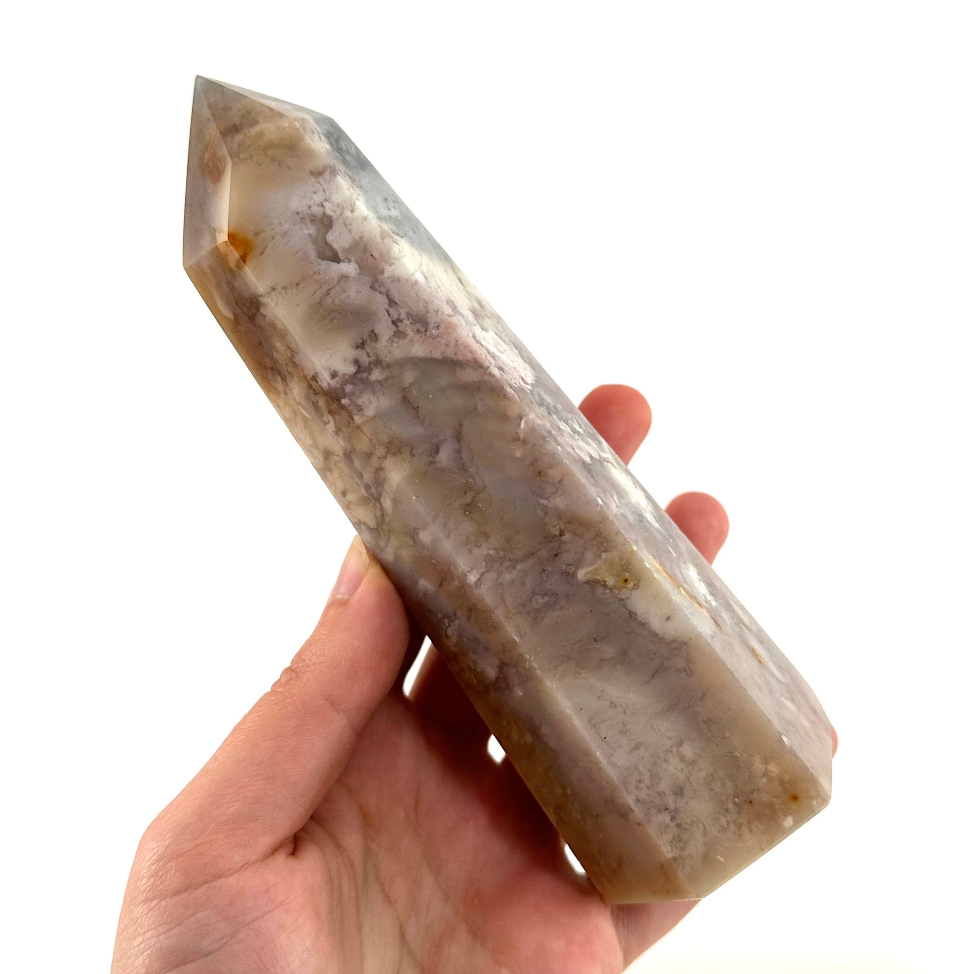 XL Flower agate point, flower agate, crystal point, flower agate palm stone, dendritic agate