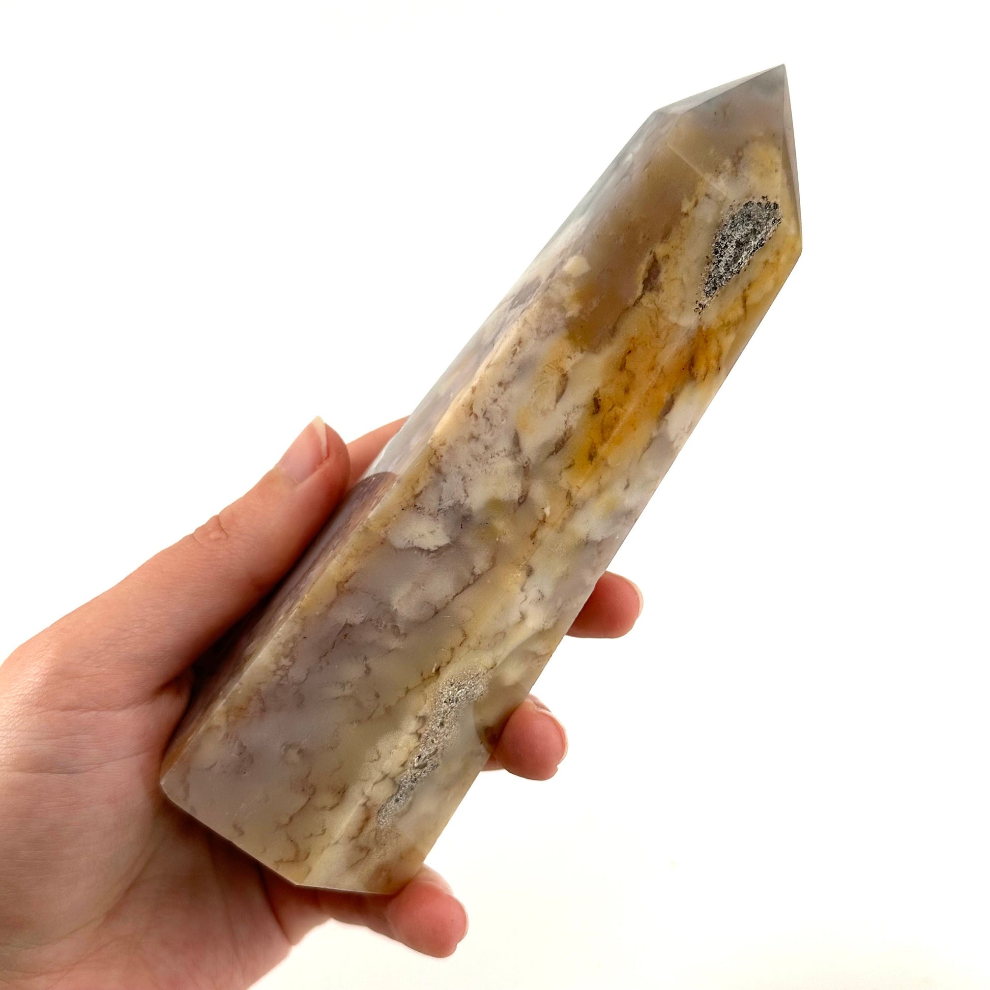 XL Flower agate point, flower agate, crystal point, flower agate palm stone, dendritic agate