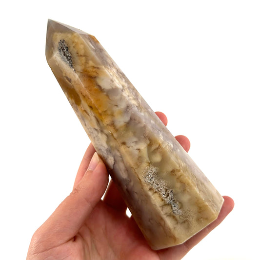 XL Flower agate point, flower agate, crystal point, flower agate palm stone, dendritic agate