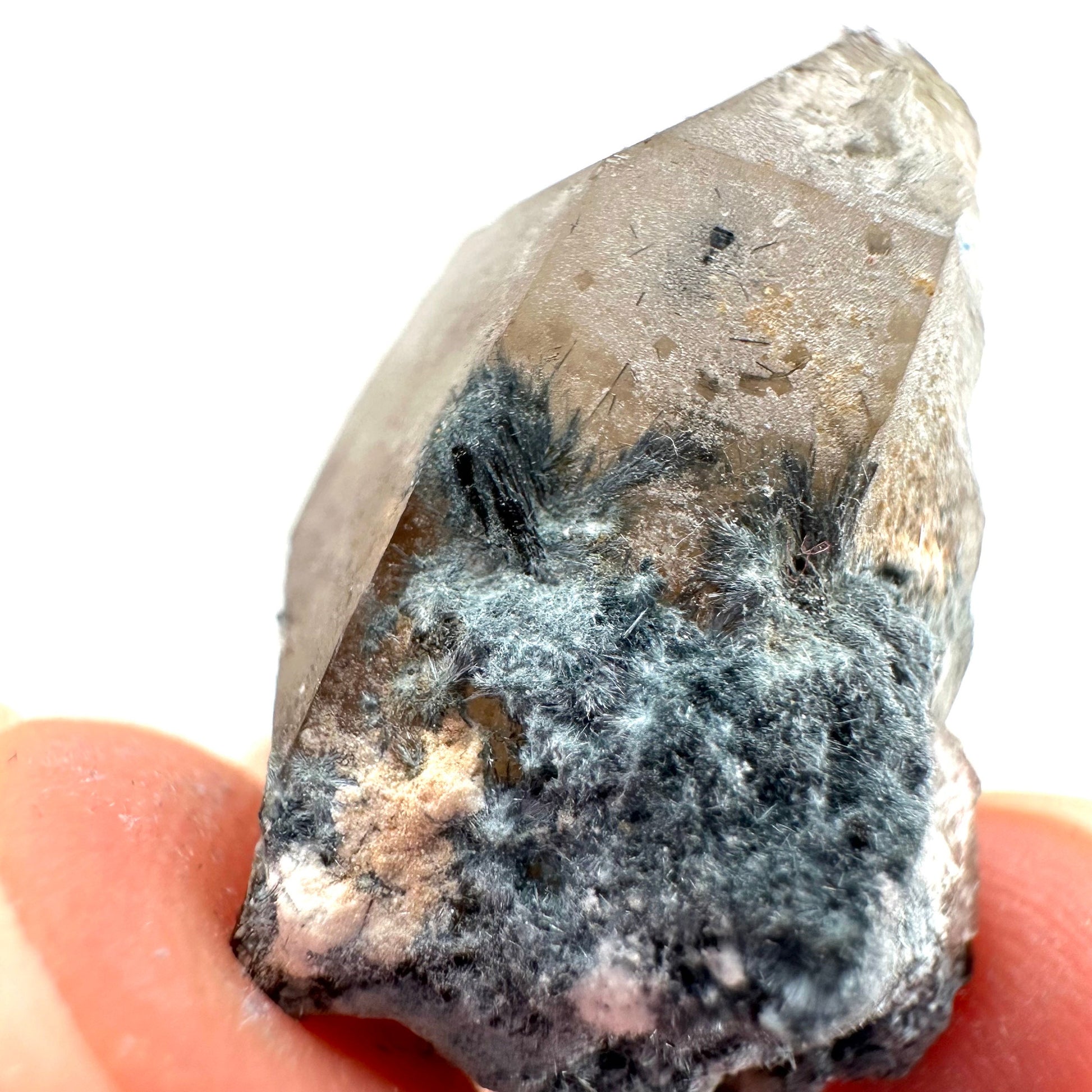 Foitite on Smoky Quartz (Namibia) | smoky quartz crystal, smoky quartz point, quartz crystal, crystals