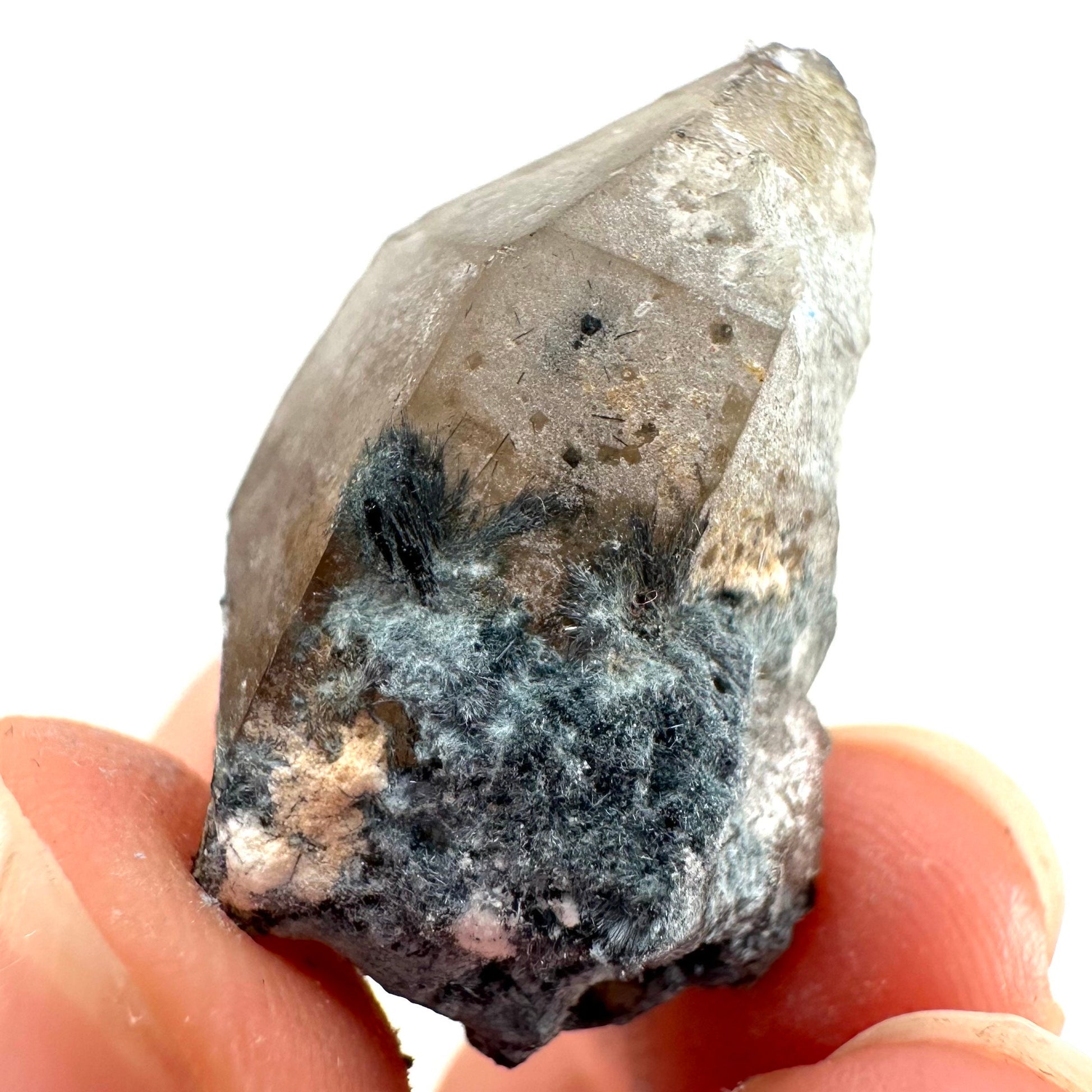 Foitite on Smoky Quartz (Namibia) | smoky quartz crystal, smoky quartz point, quartz crystal, crystals